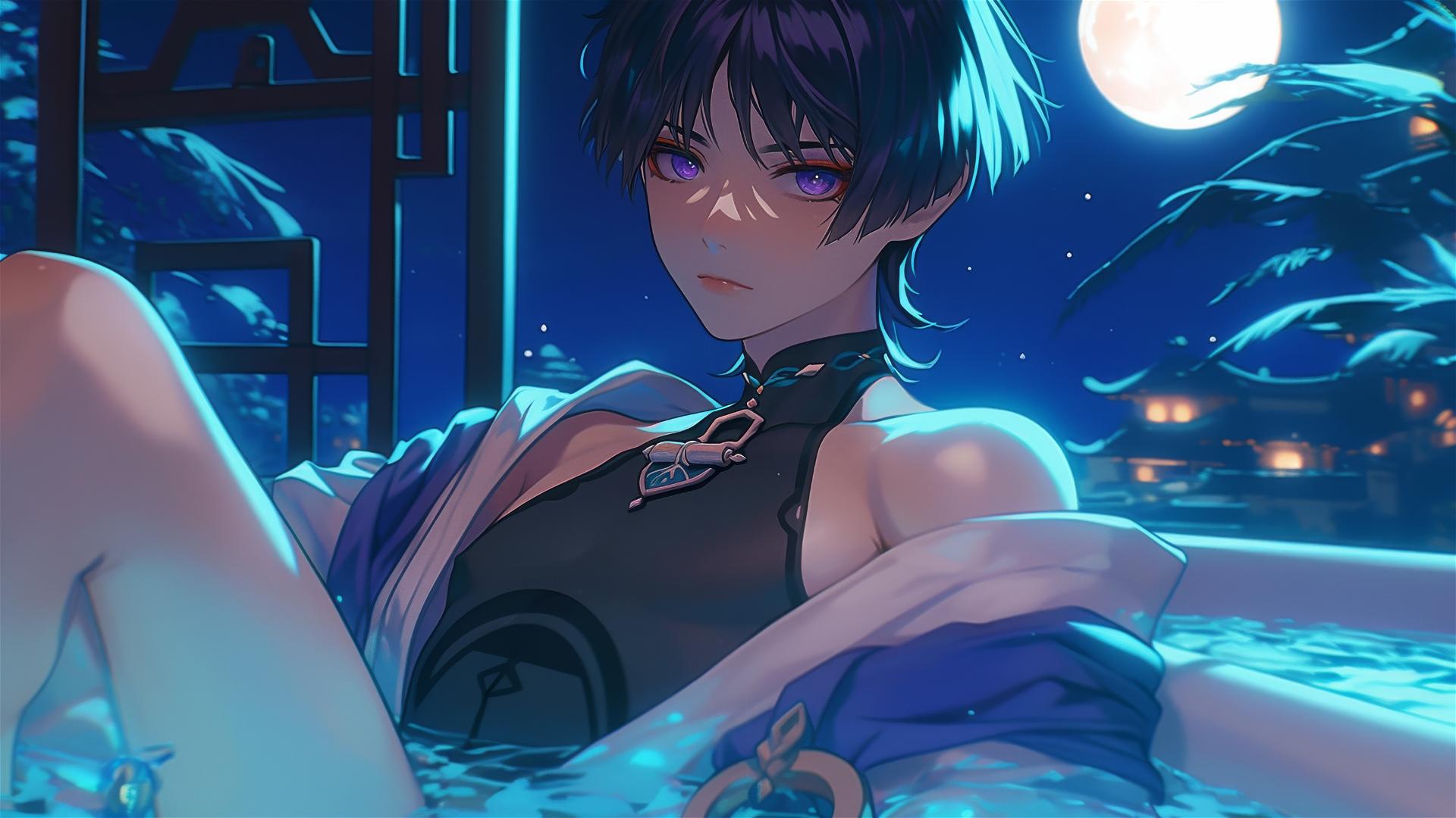 Scaramouche from Genshin Impact resting in a tub with moonlight glow