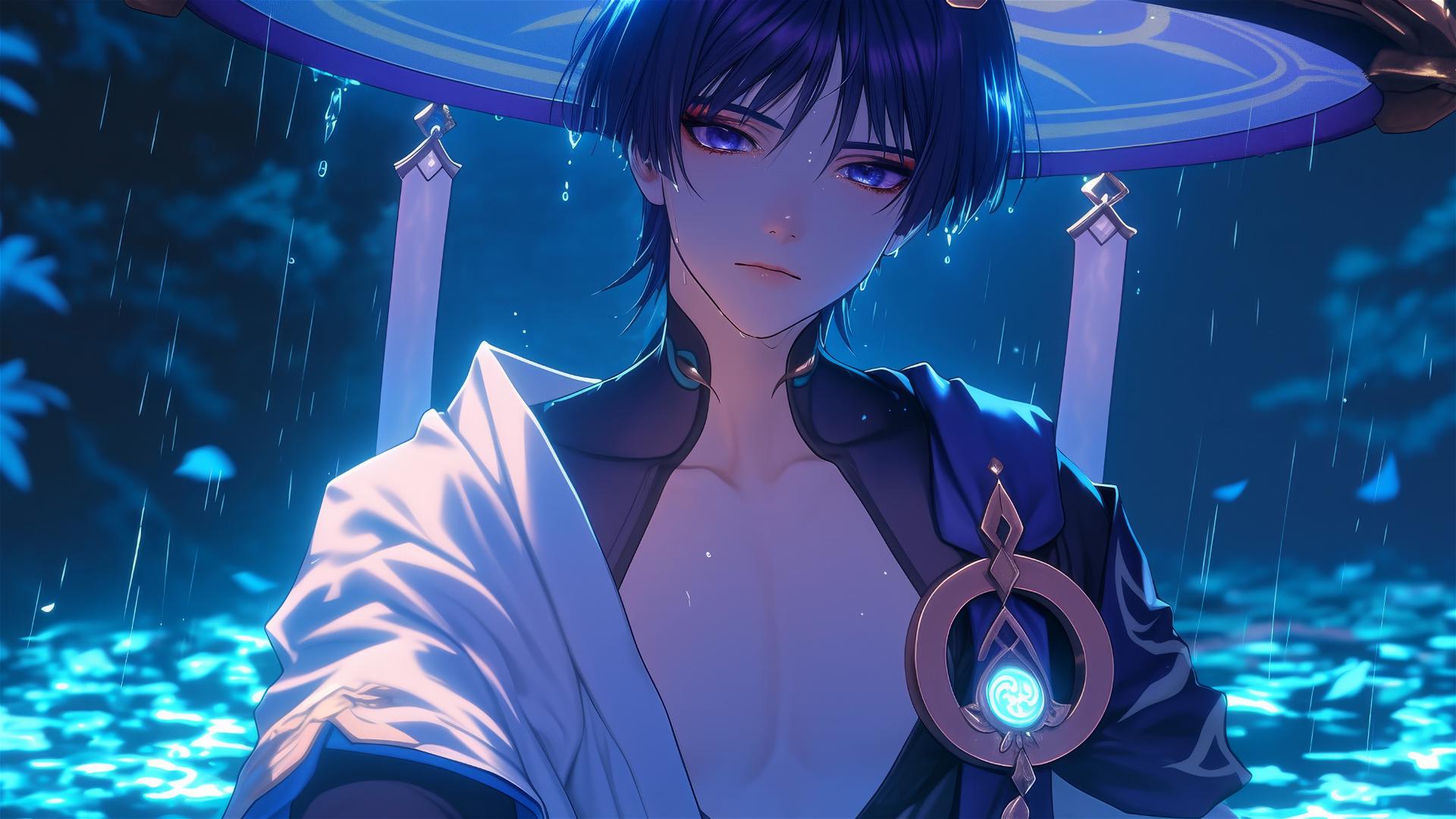 Scaramouche from Genshin Impact with indigo hair and eyes, resting in a rainy pool under moonlight.