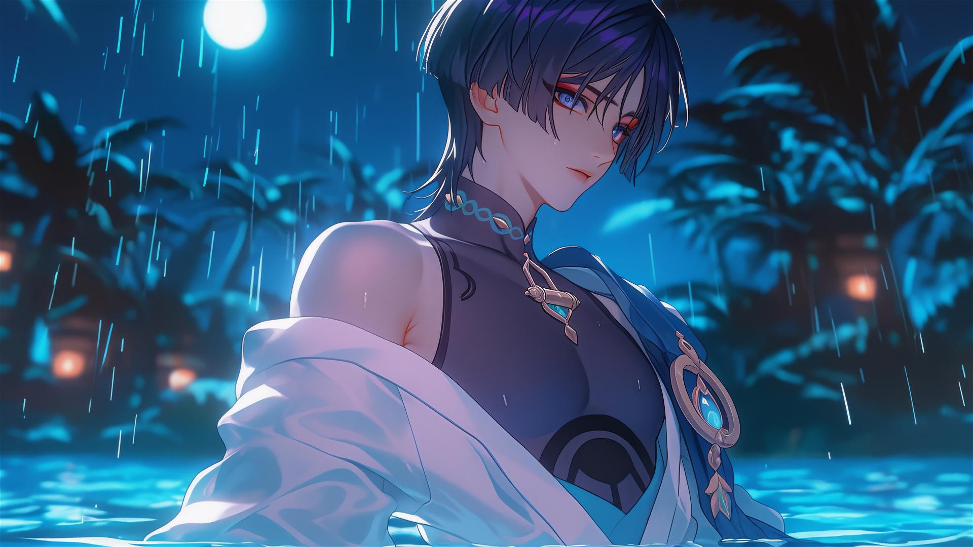 Scaramouche from Genshin Impact with indigo hair and eyes, relaxing in a moonlit rainy pool.