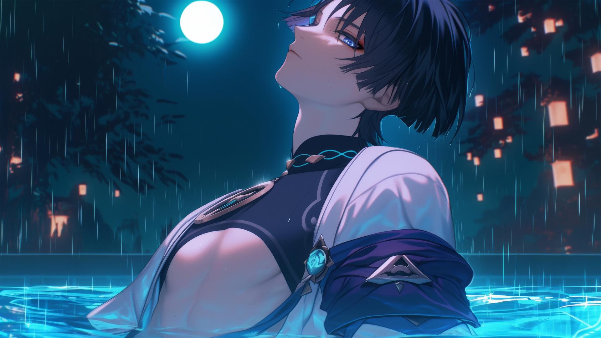 Scaramouche from Genshin Impact resting in a rainy swimming pool under moonlight.