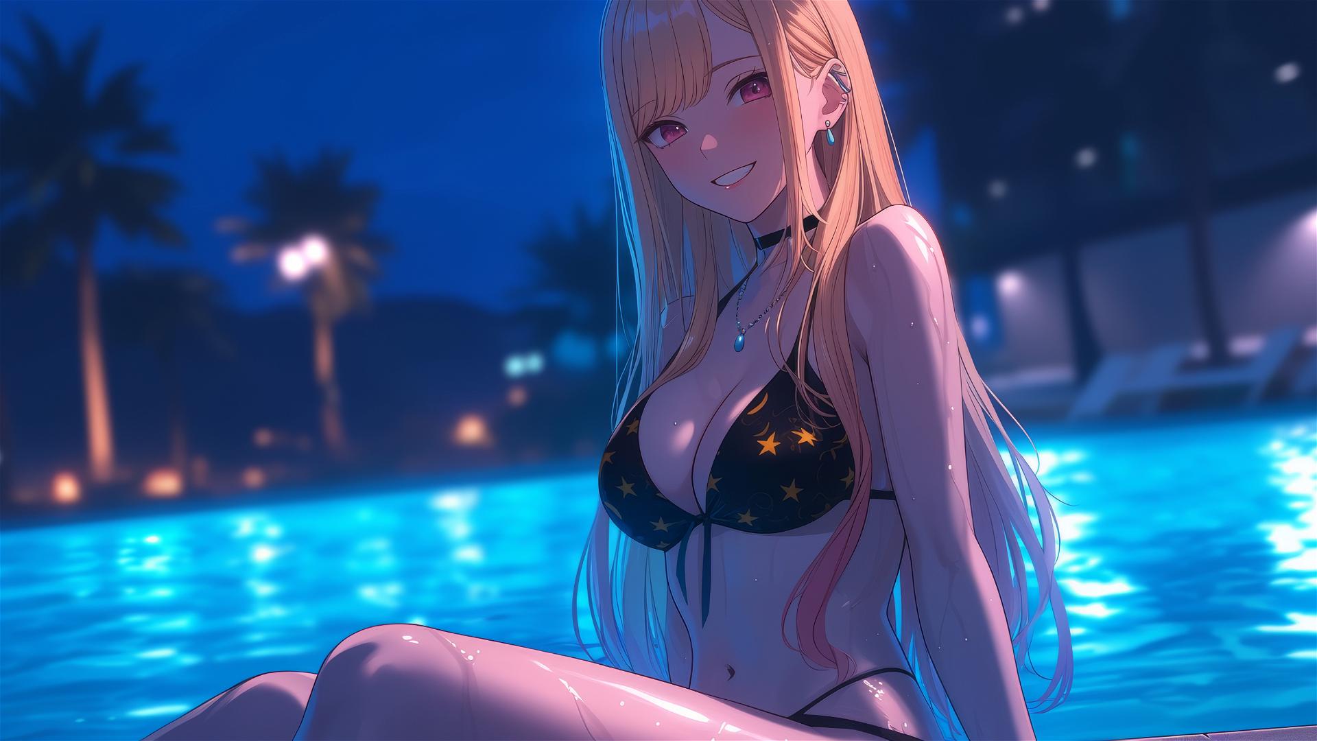 Marin Kitagawa resting at a rainy swimming pool with moonlight glow.