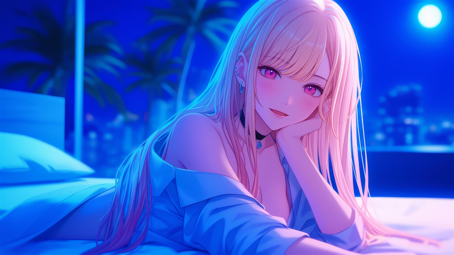 Marin Kitagawa sitting on a hotel bed illuminated by moonlight.