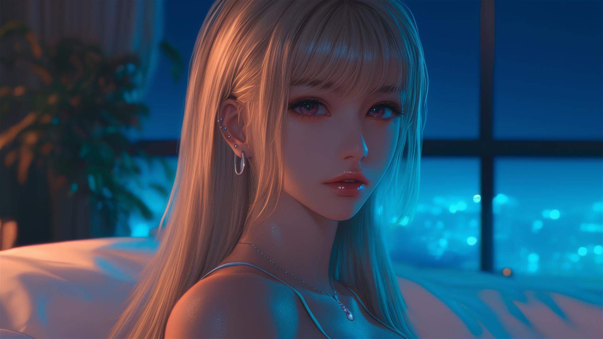 Marin Kitagawa from Kurikami City sitting on hotel bed under moonlight
