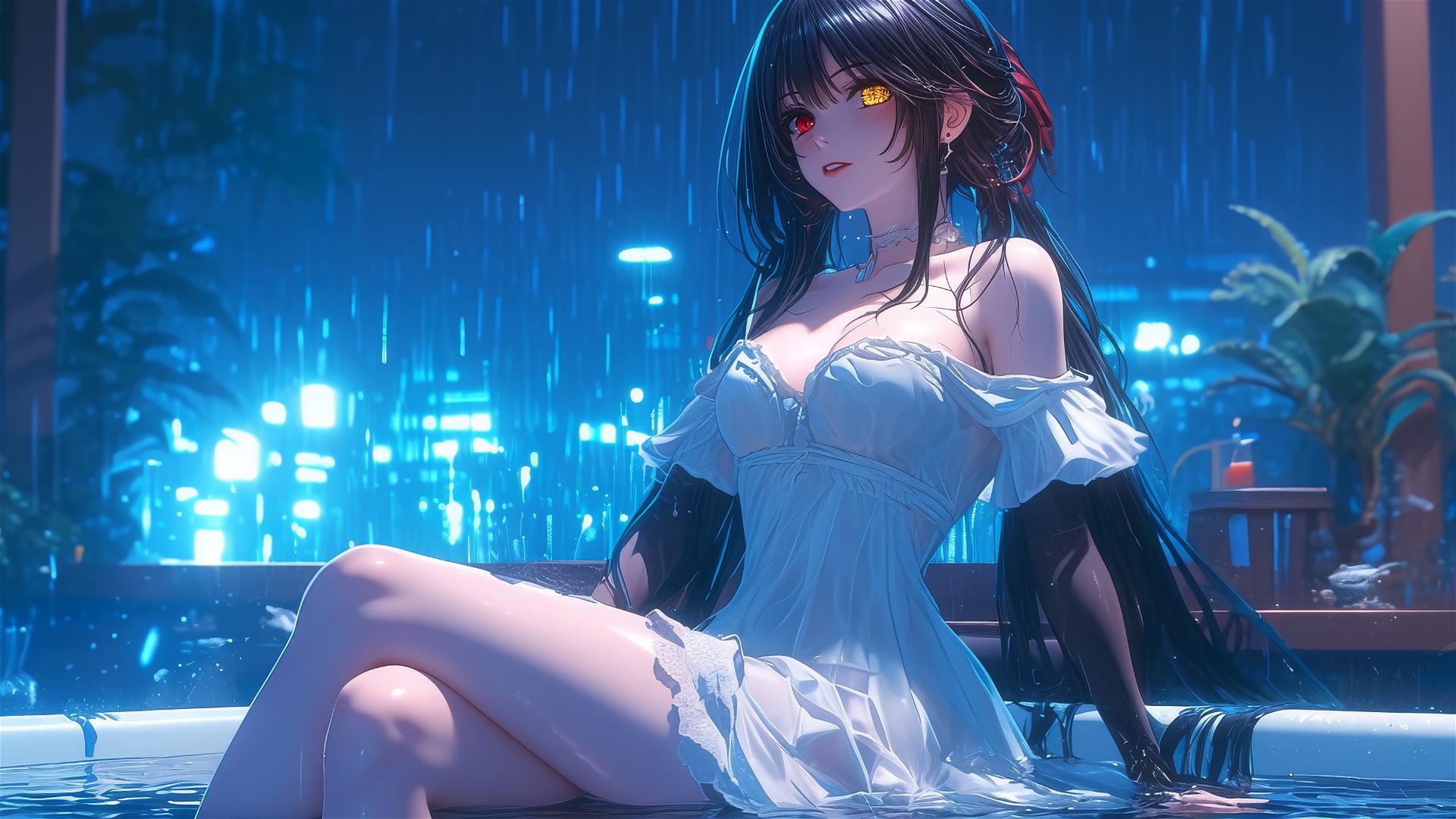Kurumi Tokisaki sitting in a tub with moonlight casting a soft glow, dressed in white, one red and one yellow eye.