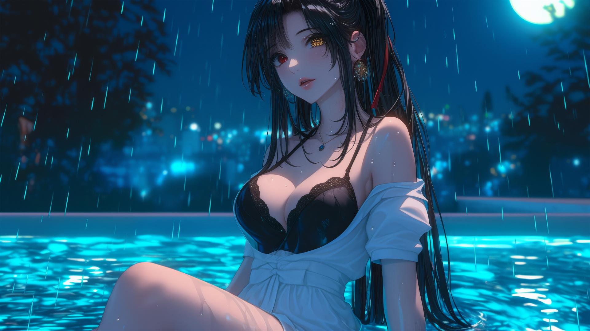 Kurumi Tokisaki resting in a tub under moonlight, wearing a pure white dress.