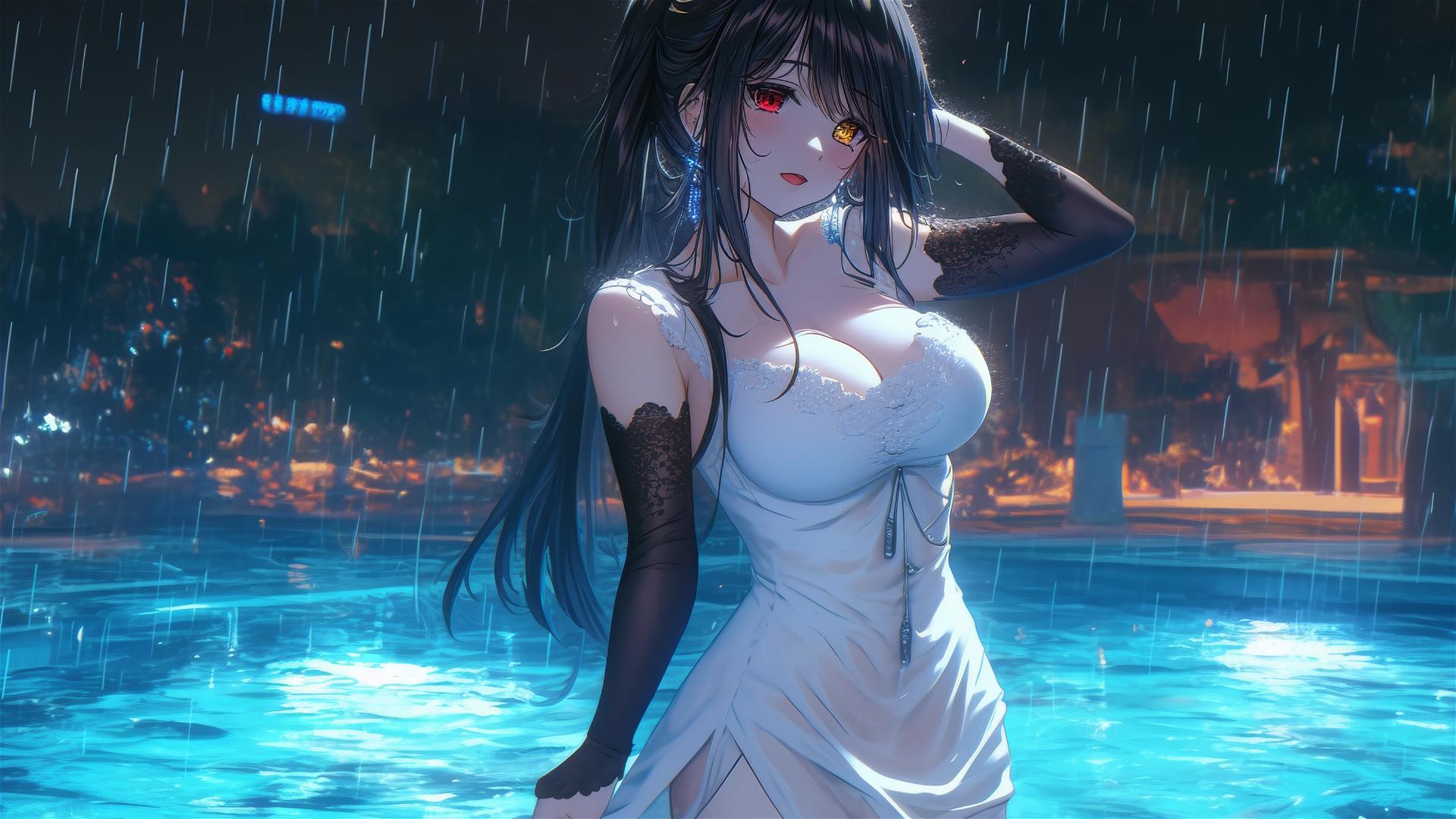 Kurumi Tokisaki standing in a rainy pool under moonlight wearing white dress, red and yellow eyes