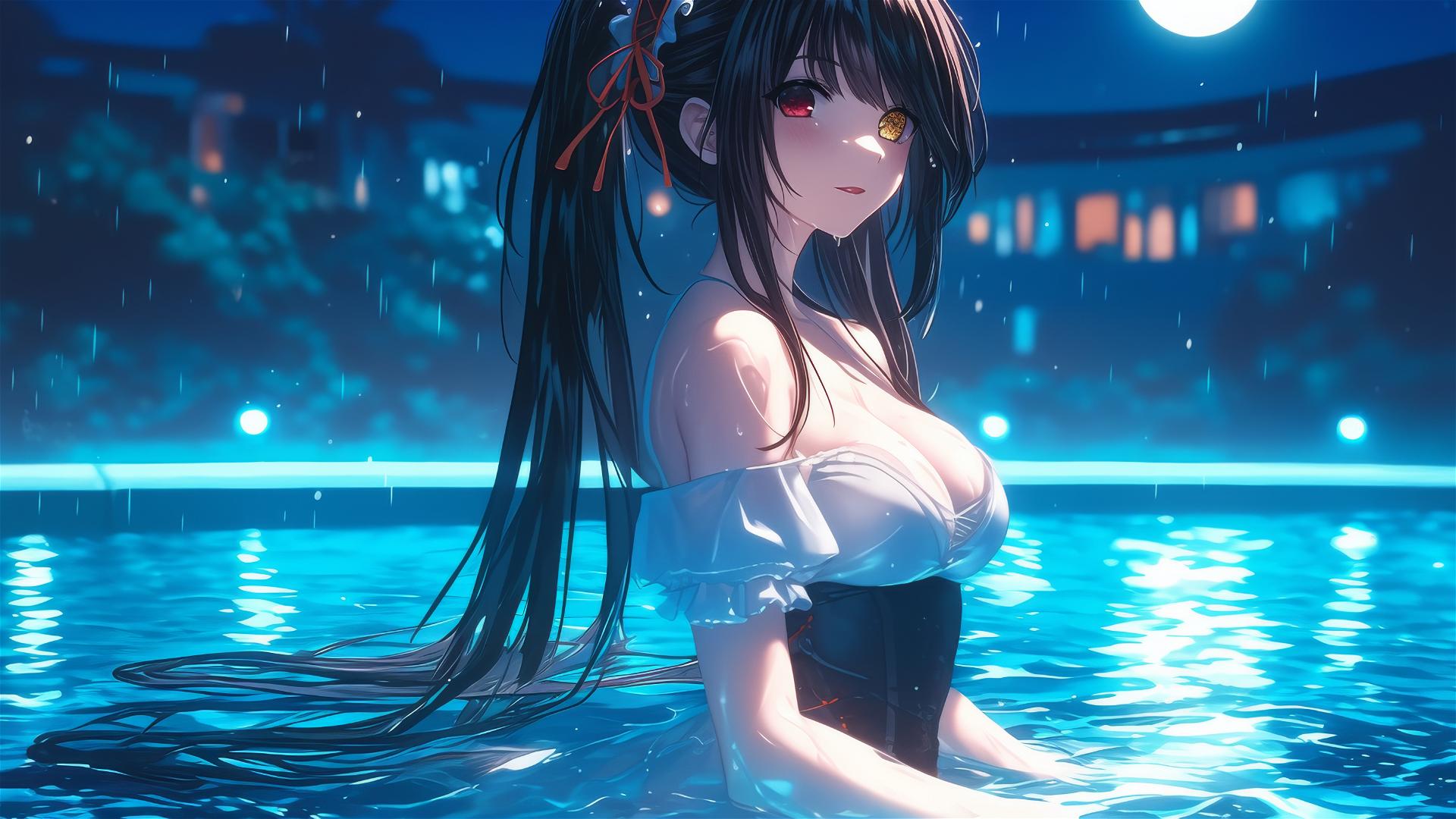 Kurumi Tokisaki in a pure white dress standing in a rainy swimming pool, moonlight glow.