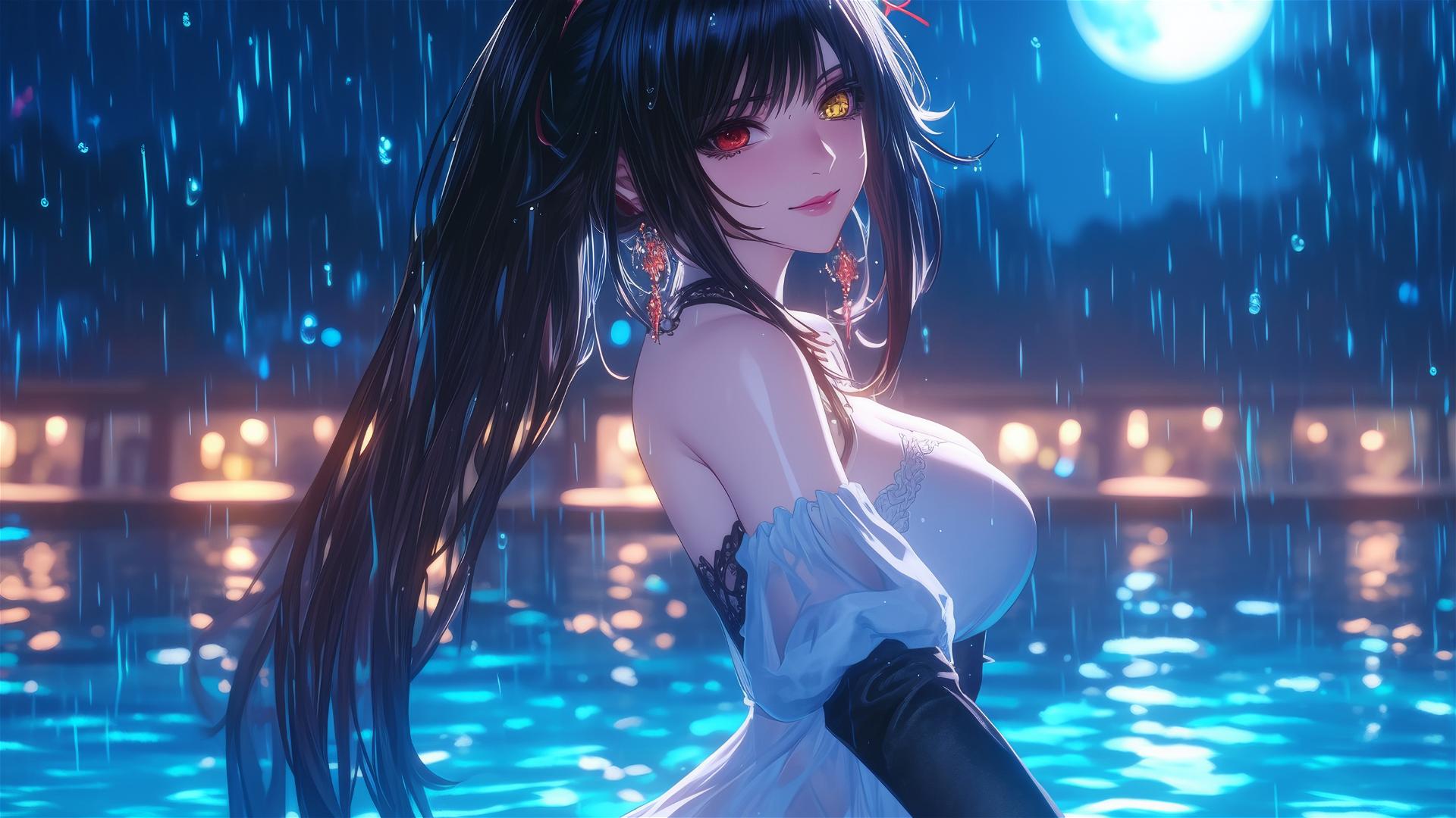 Kurumi Tokisaki standing in a rainy swimming pool, illuminated by moonlight, wearing a white dress.
