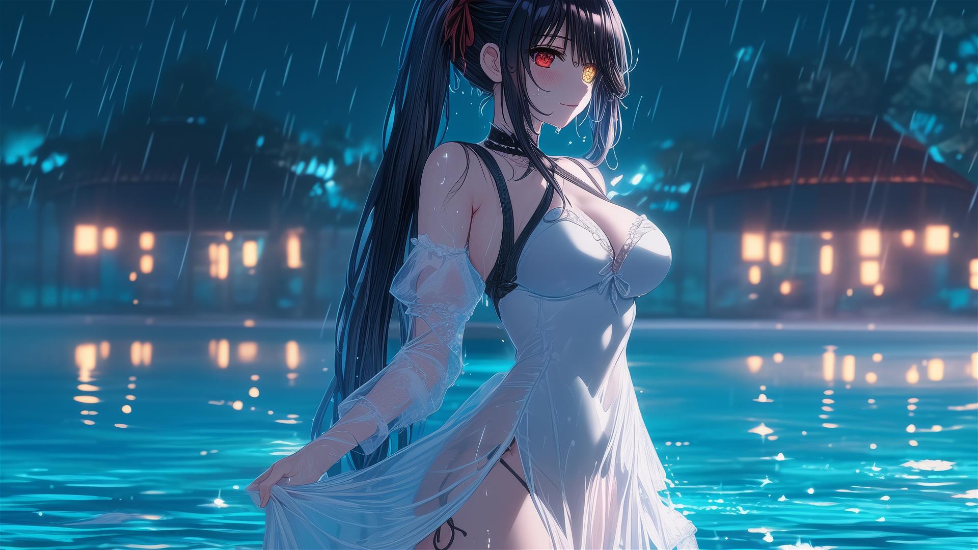 Kurumi Tokisaki from Date A Live standing in rainy swimming pool at night