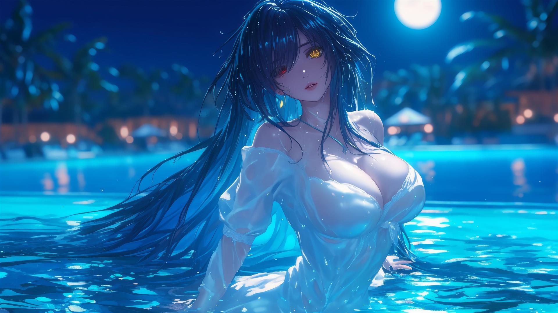 Kurumi Tokisaki standing in a rainy swimming pool under moonlight, wearing a white dress