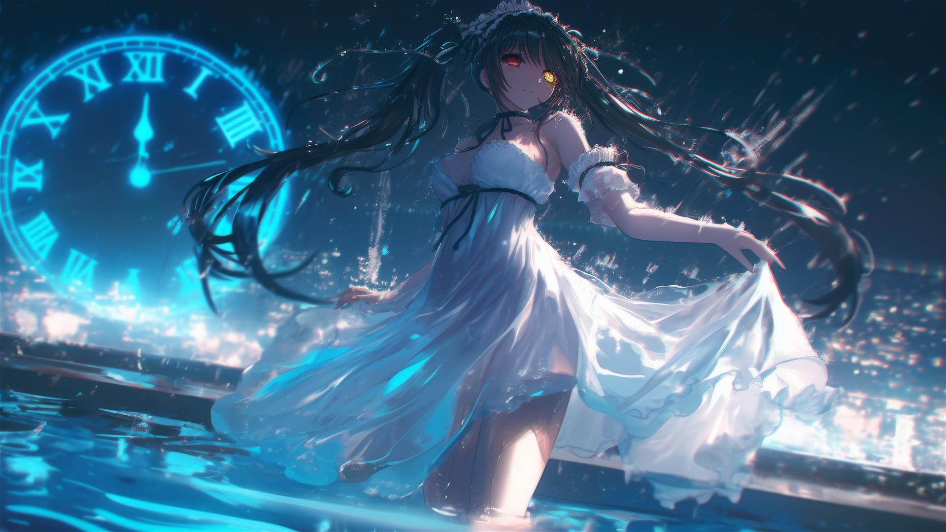 Kurumi Tokisaki standing in a rainy swimming pool under moonlight, wearing a white dress