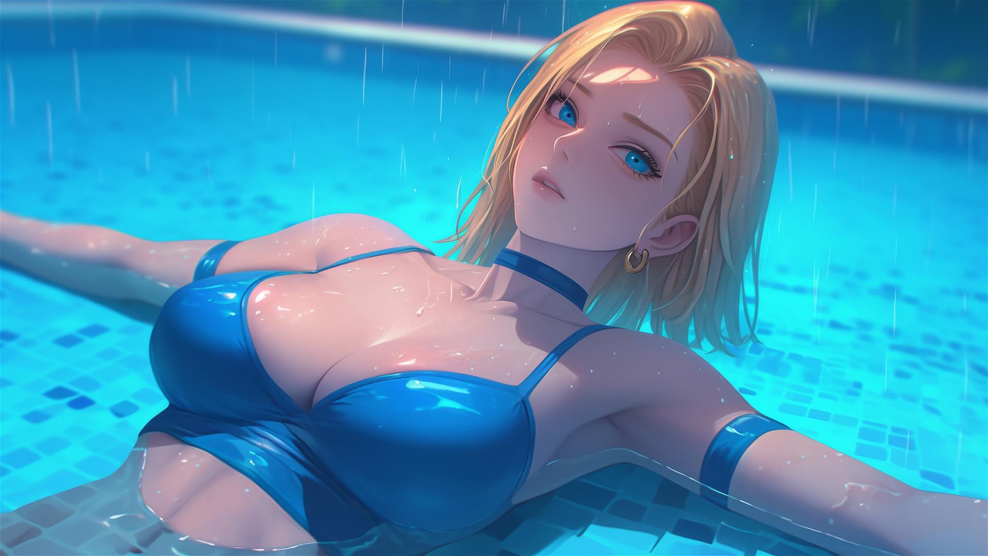 Android 18 from Dragon Ball resting by a rainy swimming pool