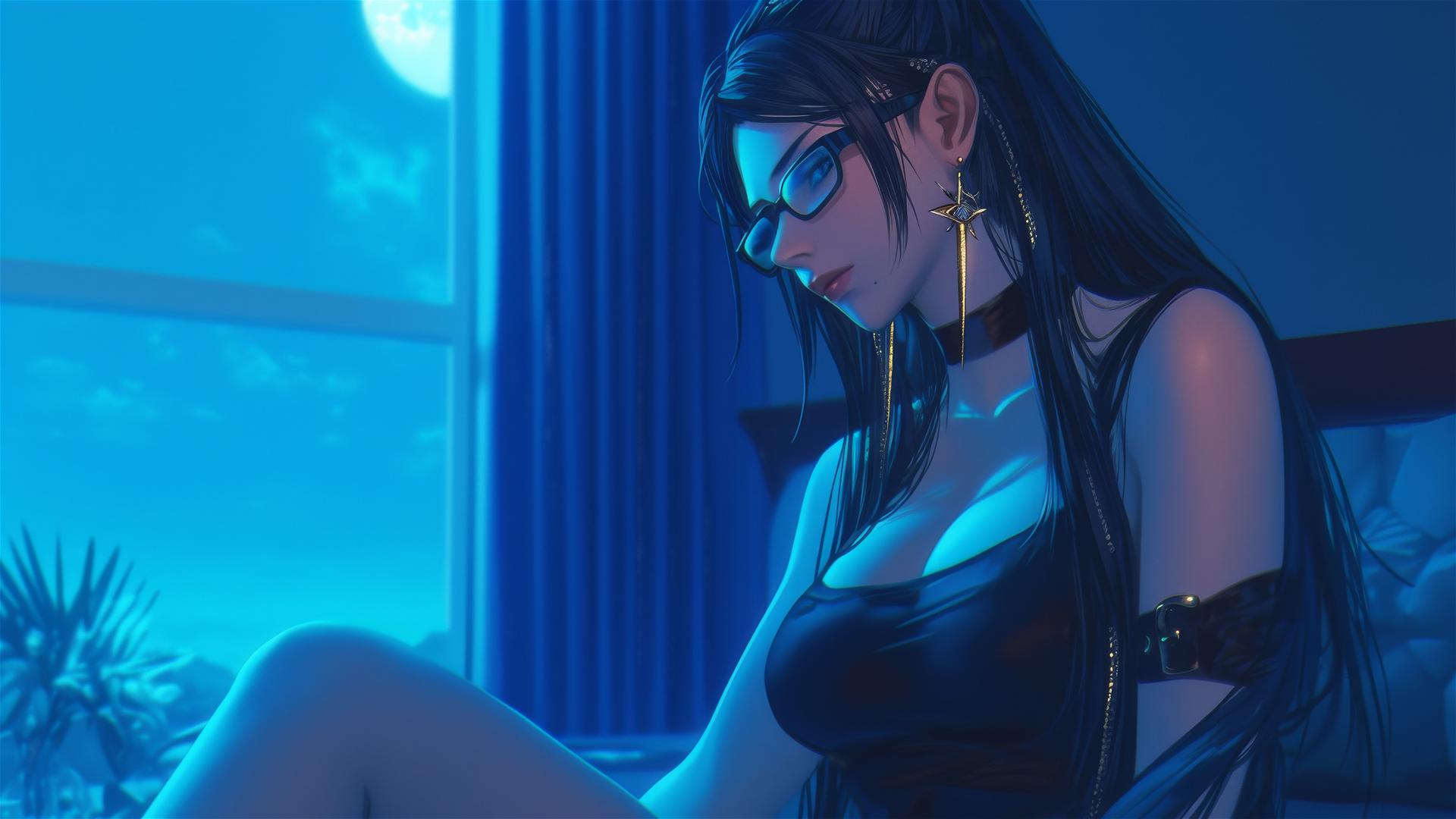 Bayonetta resting in a moonlit modern hotel room