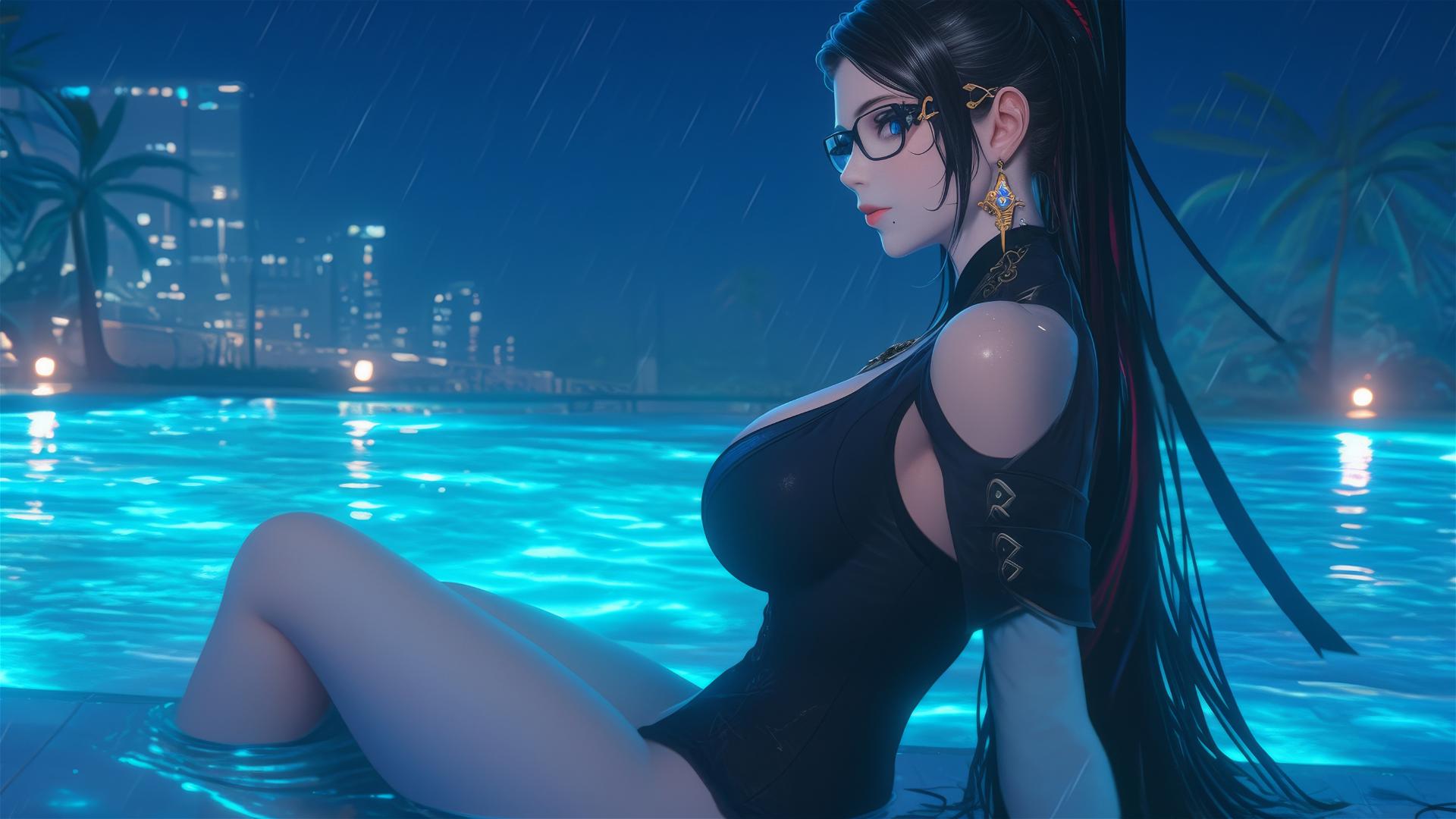 Bayonetta resting by a rainy swimming pool in moonlight