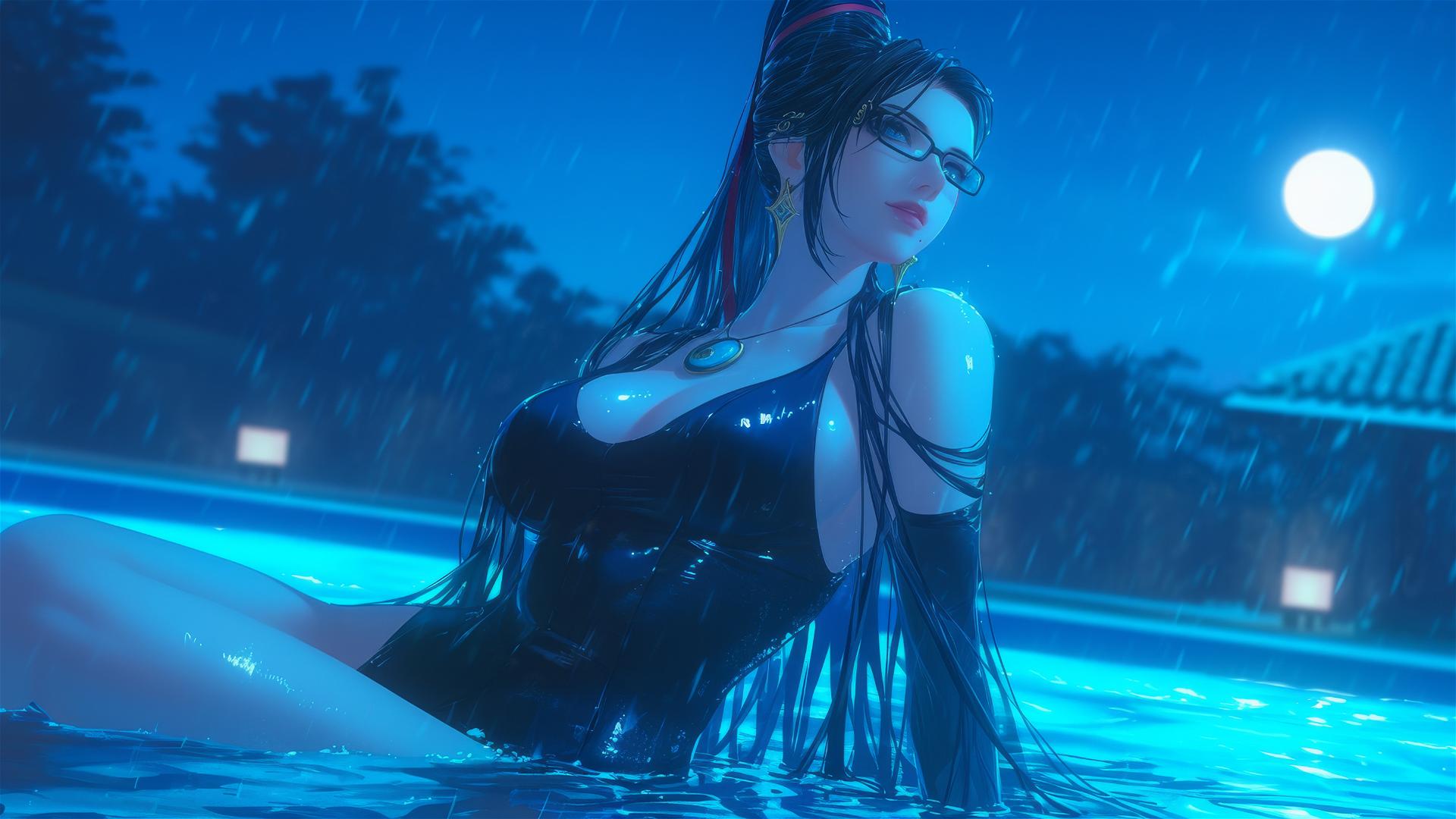 Bayonetta resting by a rainy swimming pool with moonlight glow
