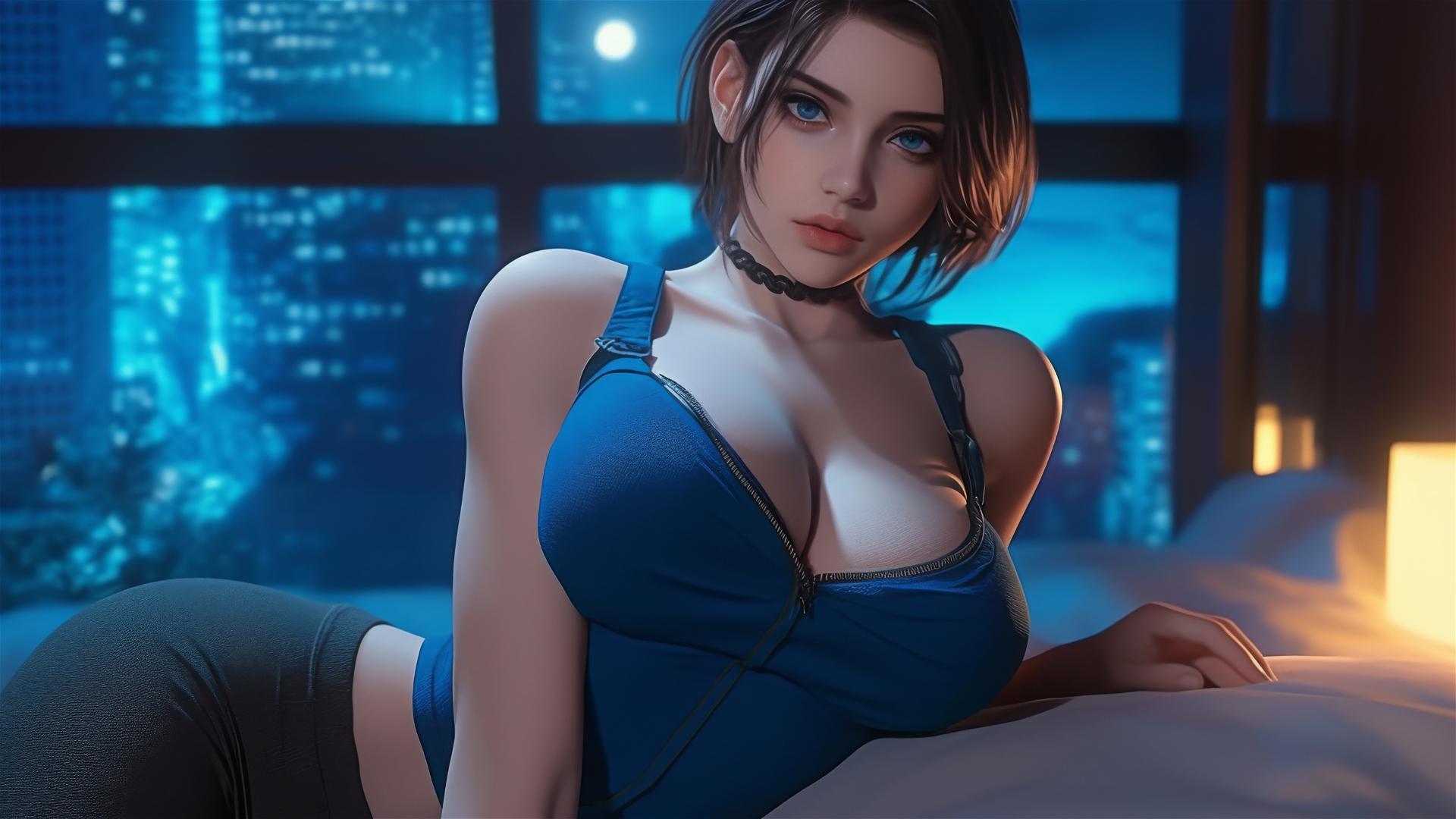 Jill Valentine resting under moonlight in a modern hotel room