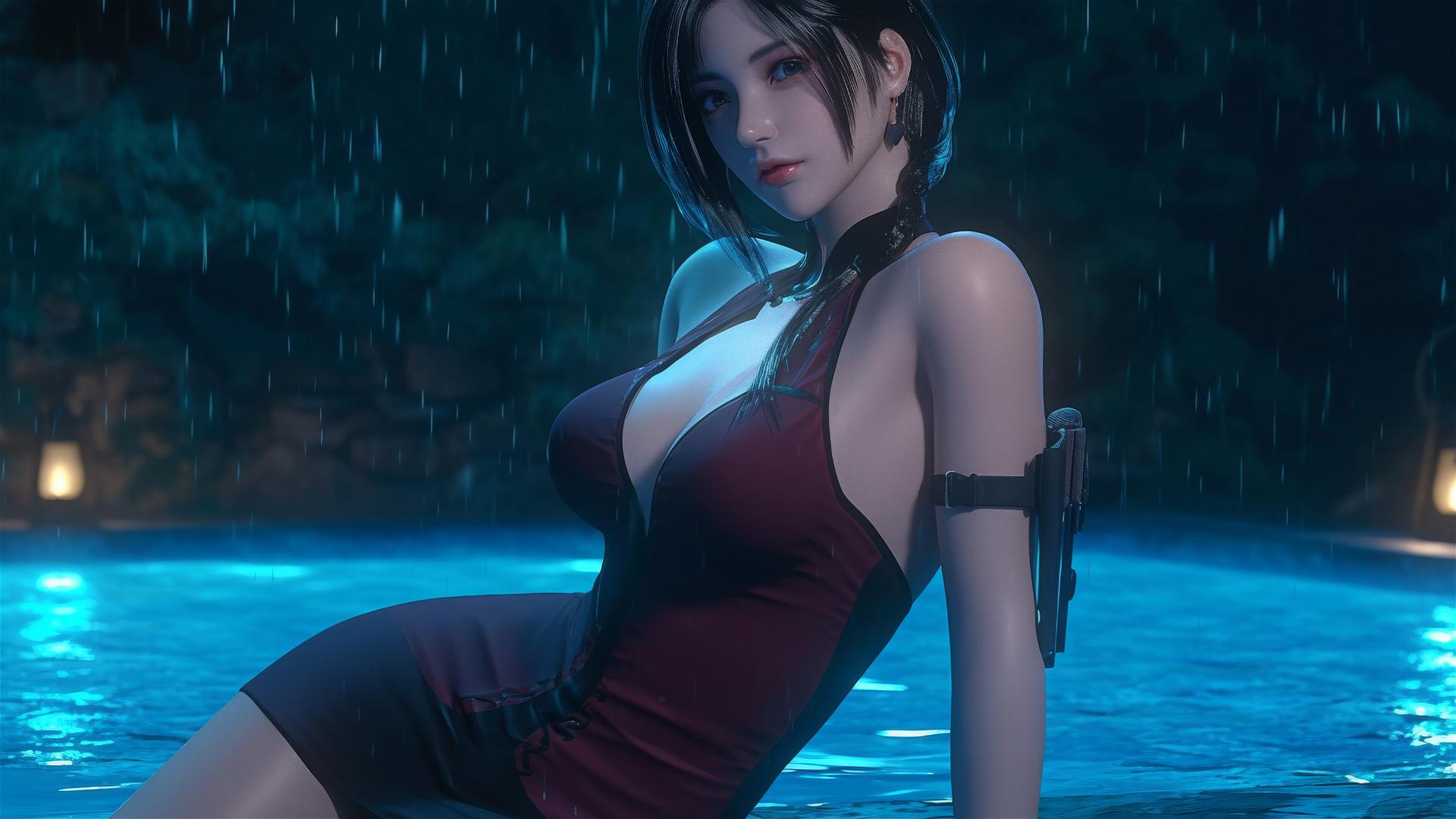 Ada Wong resting at a rainy swimming pool under moonlight