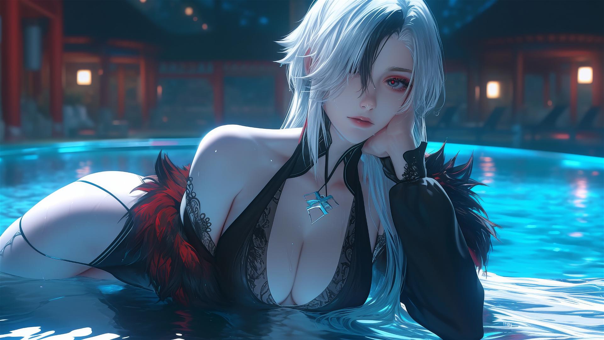 Arlecchino from Genshin Impact with snow white hair, in a moonlit swimming pool.