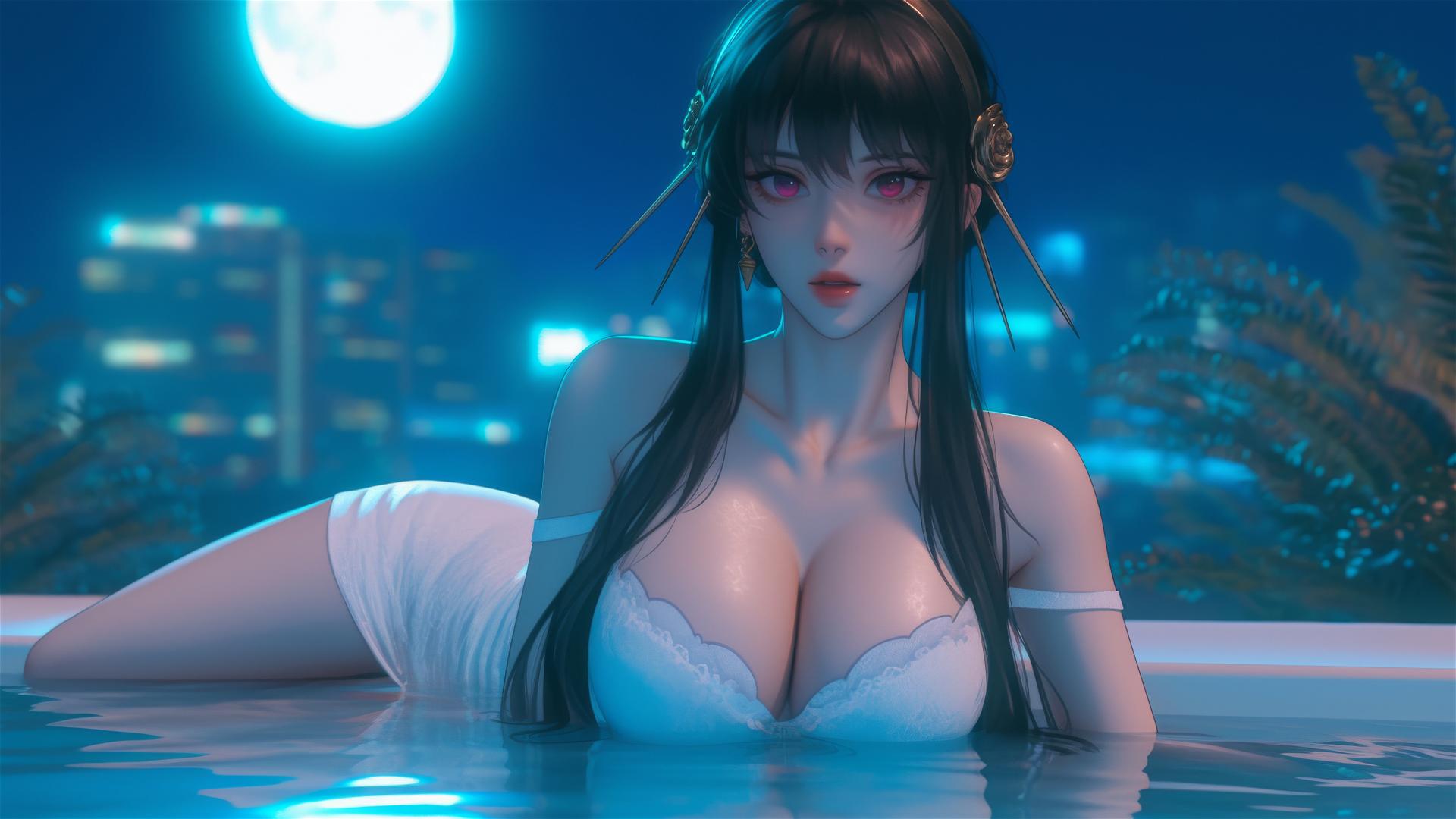 Yor Forger from Spy x Family resting in a tub, bathed in soft moonlight.