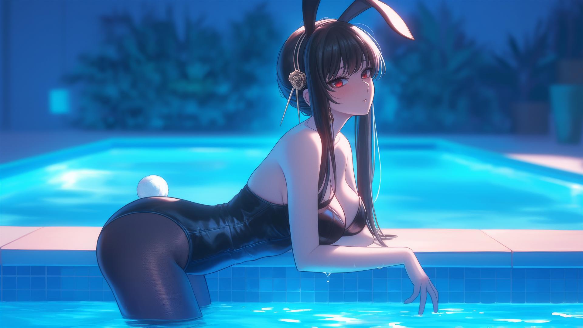 Yor Forger as a bunny girl by moonlit pool