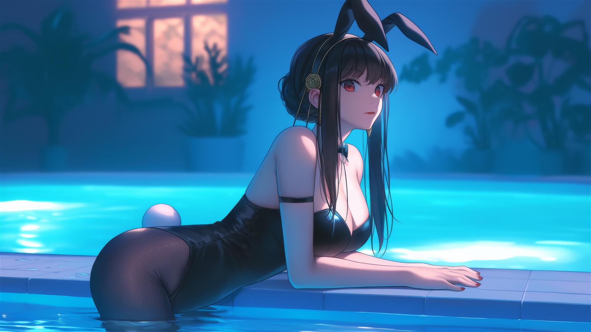 Yor Forger from Spy x Family in bunny girl style resting by pool under moonlight