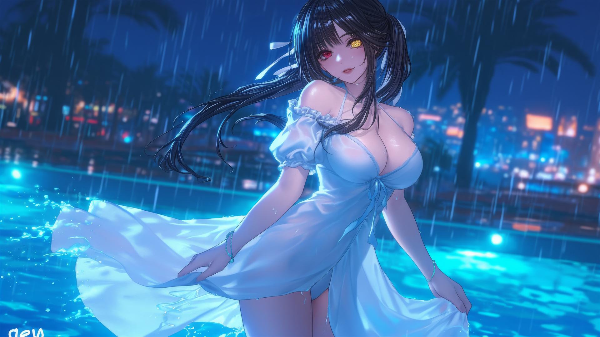 Kurumi Tokisaki standing in a pool under the moonlight, dress in white with multi-colored eyes
