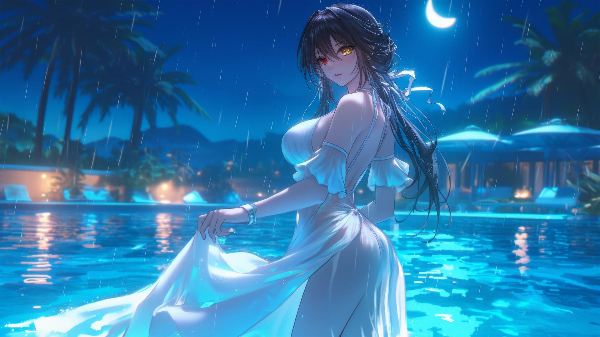 Kurumi Tokisaki in white dress under moonlit rainy pool