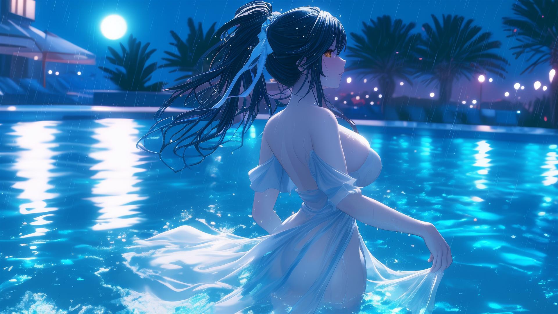 Kurumi Tokisaki in white dress under moonlight in rainy pool