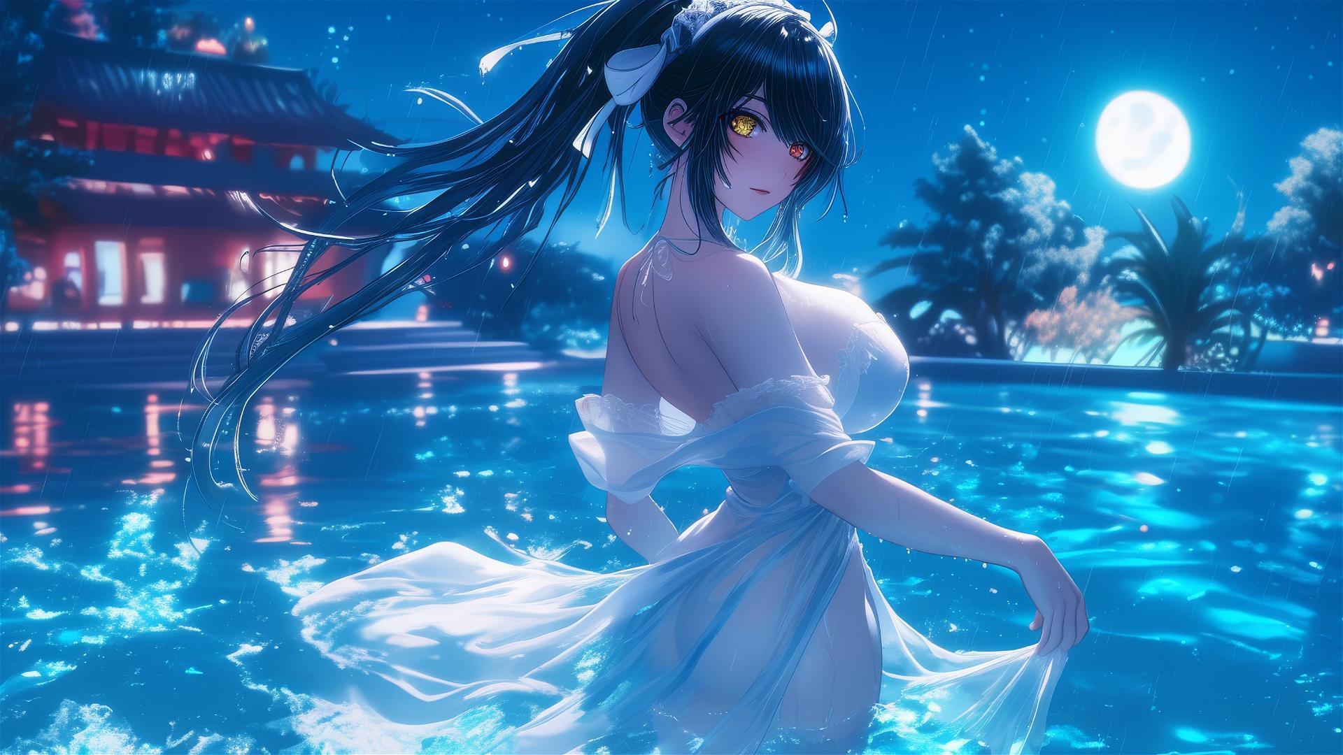 Kurumi Tokisaki standing in a rainy swimming pool with moonlight glow