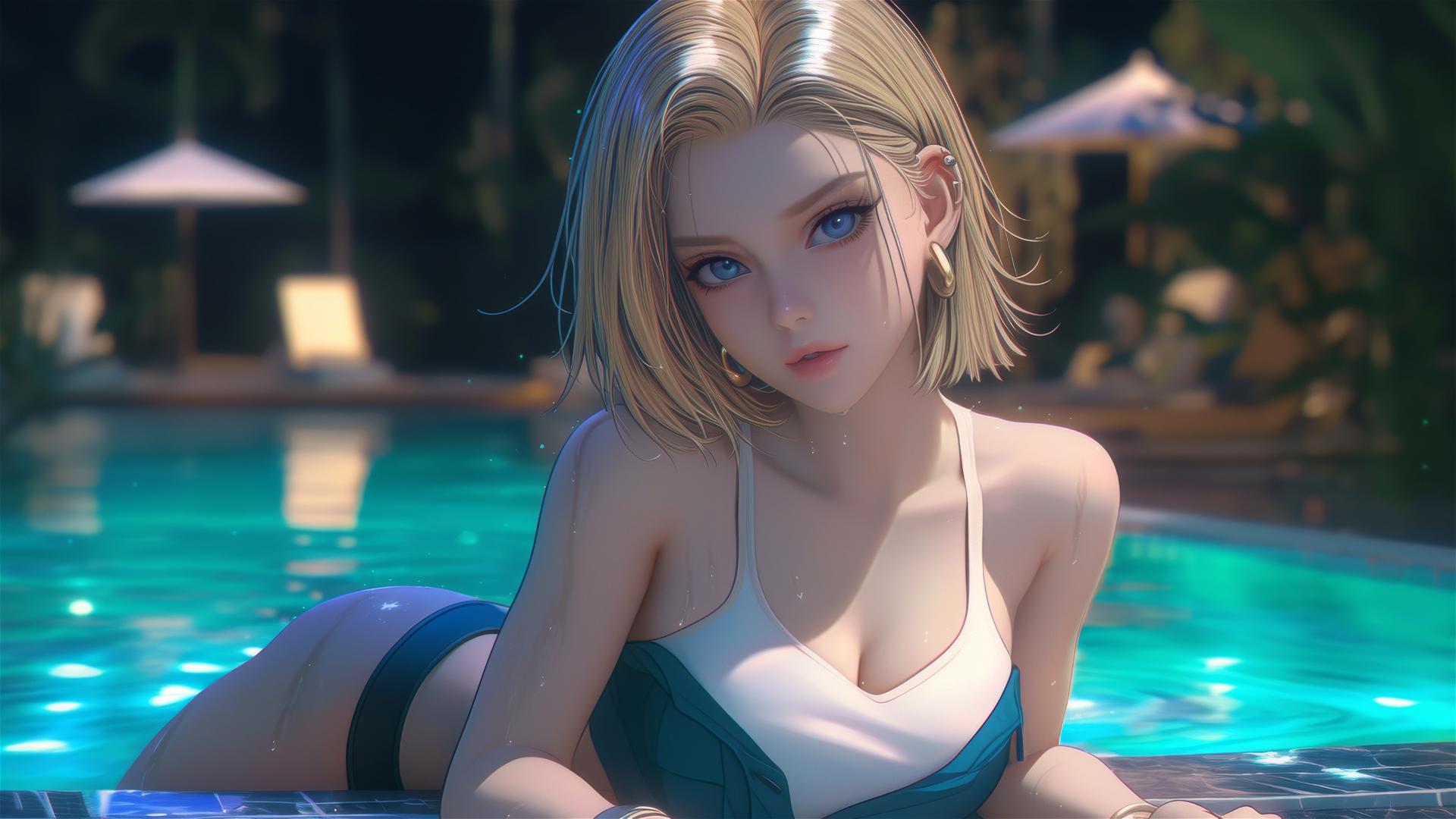 Android 18 resting beside a pool under moonlight