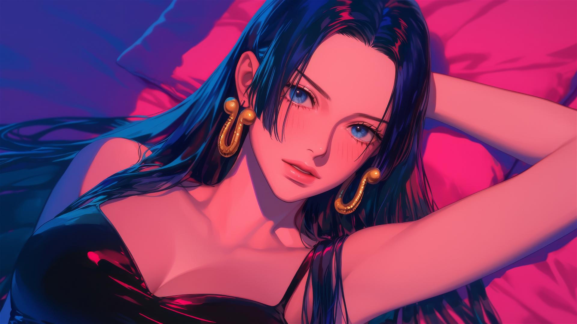 Boa Hancock in black and pink leather on a glowing pink bed