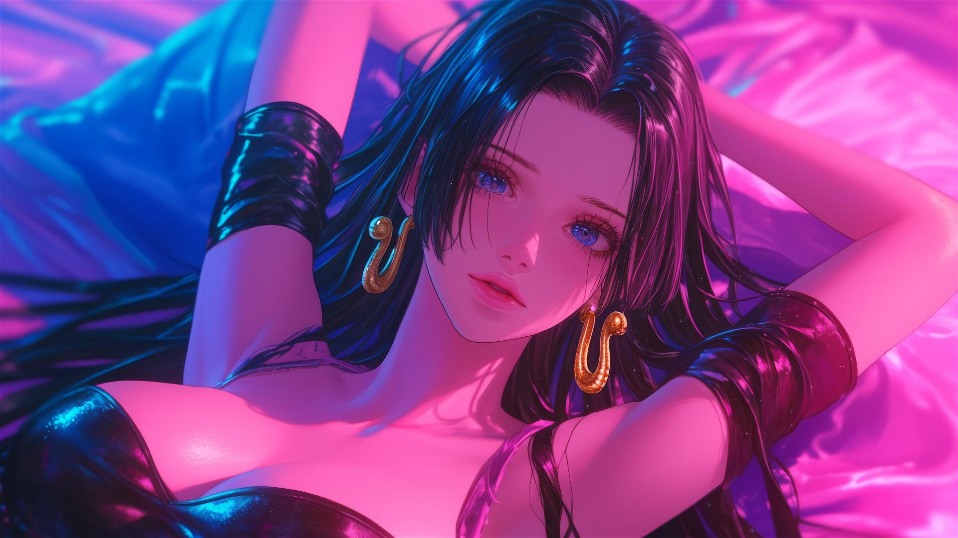 High angle of Boa Hancock from One Piece in bed, in black and pink leather, neon colors.
