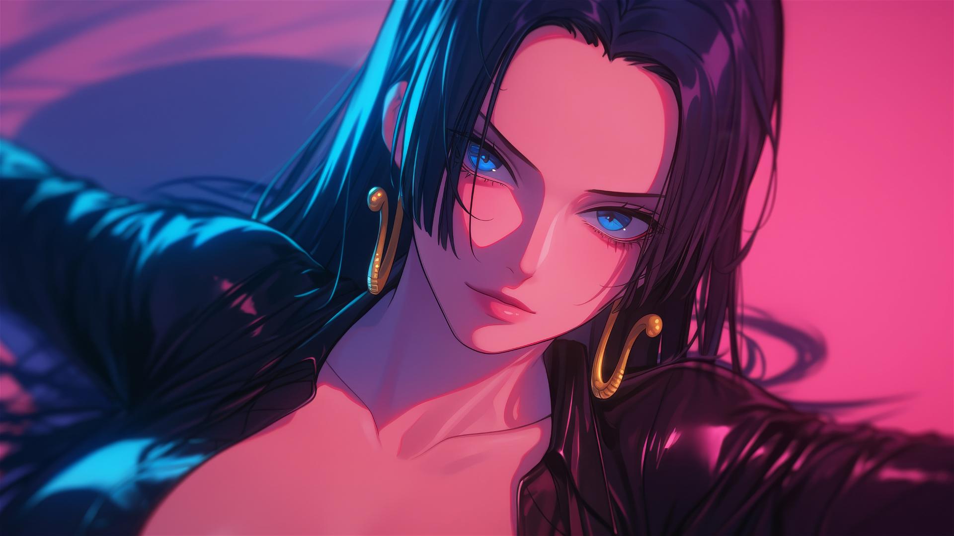 Boa Hancock in black and pink leather with gold earrings against a pink neon backdrop