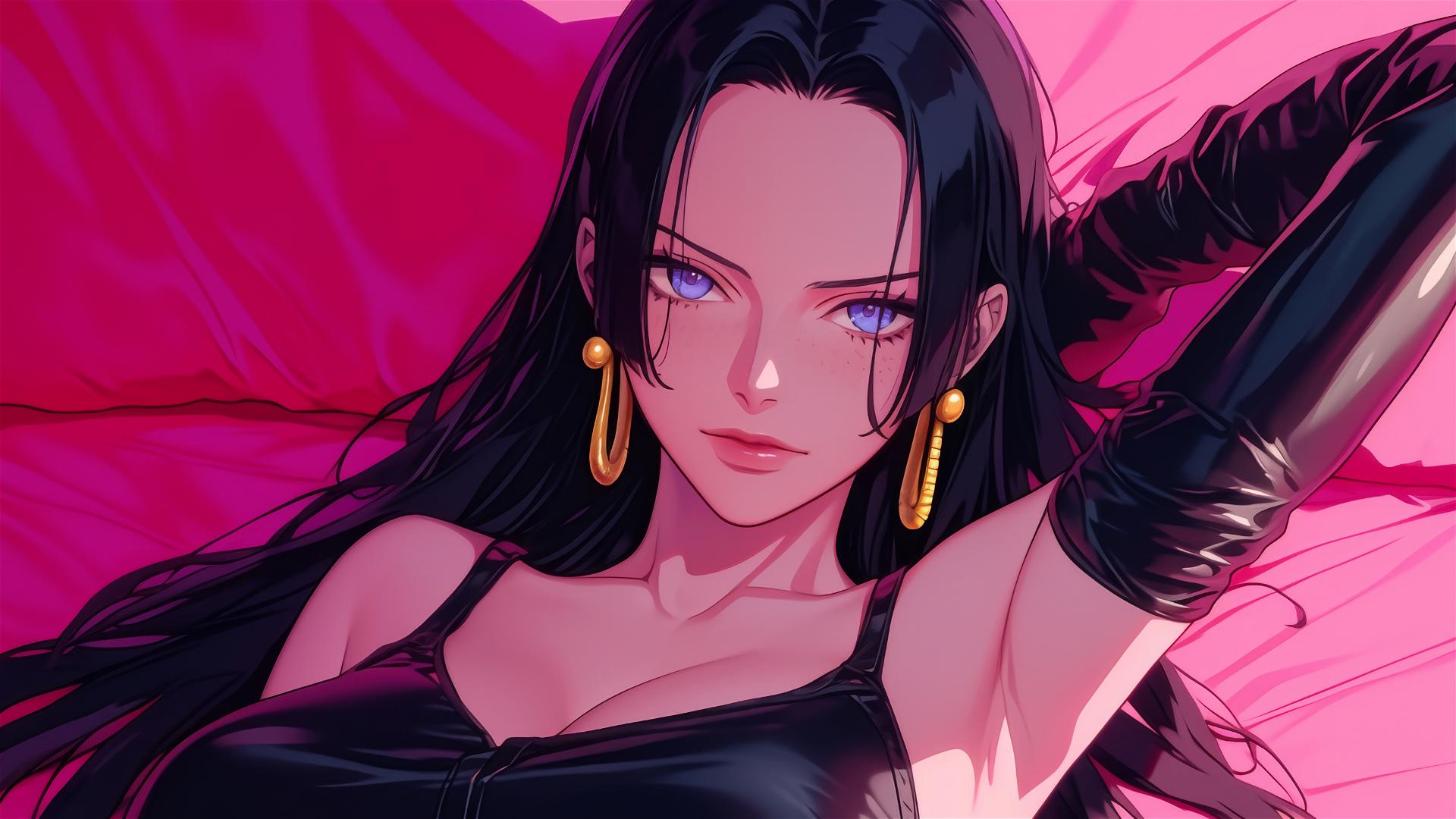 Boa Hancock from One Piece in bed, black and pink leather, gold earrings