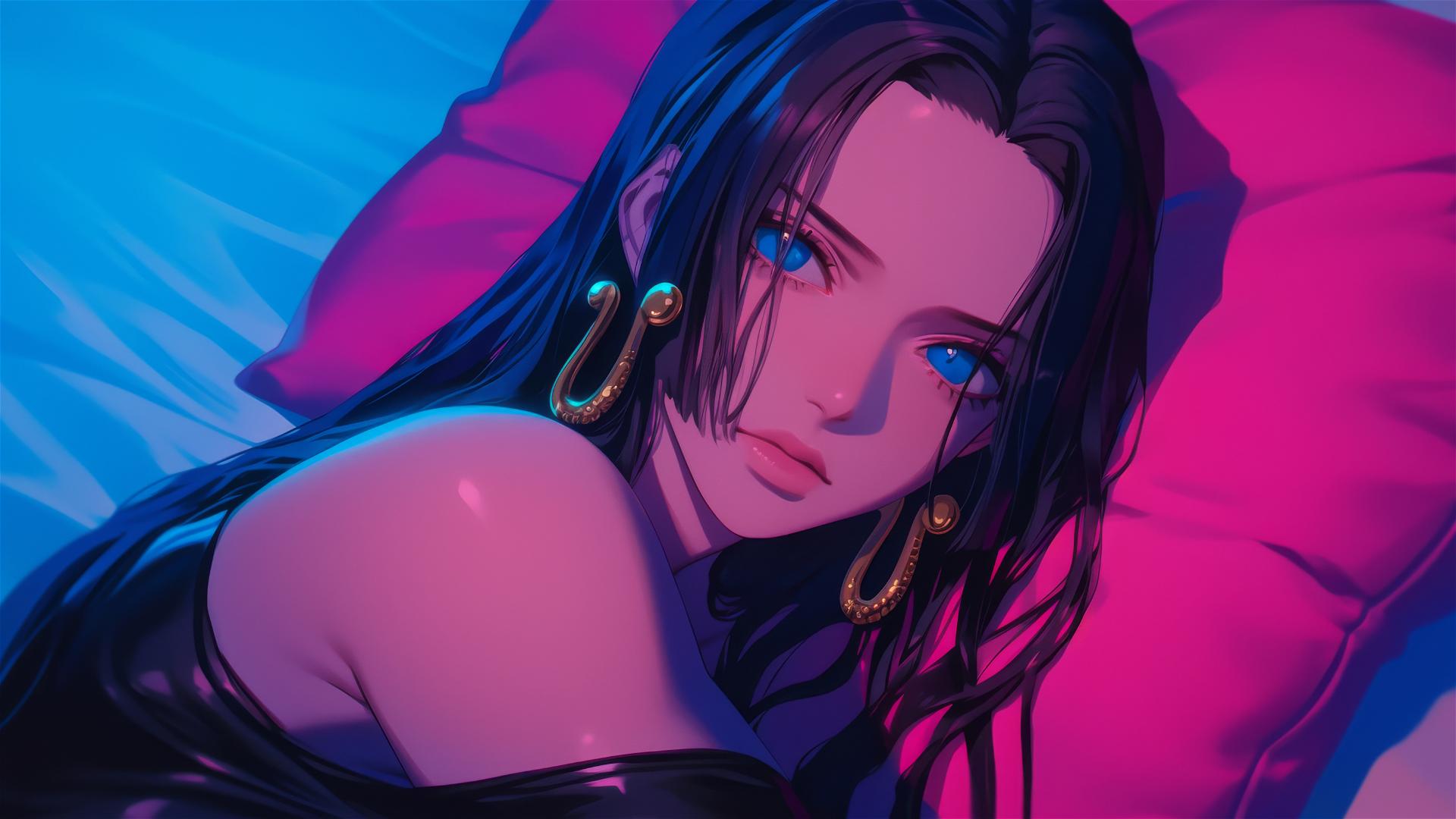 Boa Hancock in bed, neon pink back, high contrast