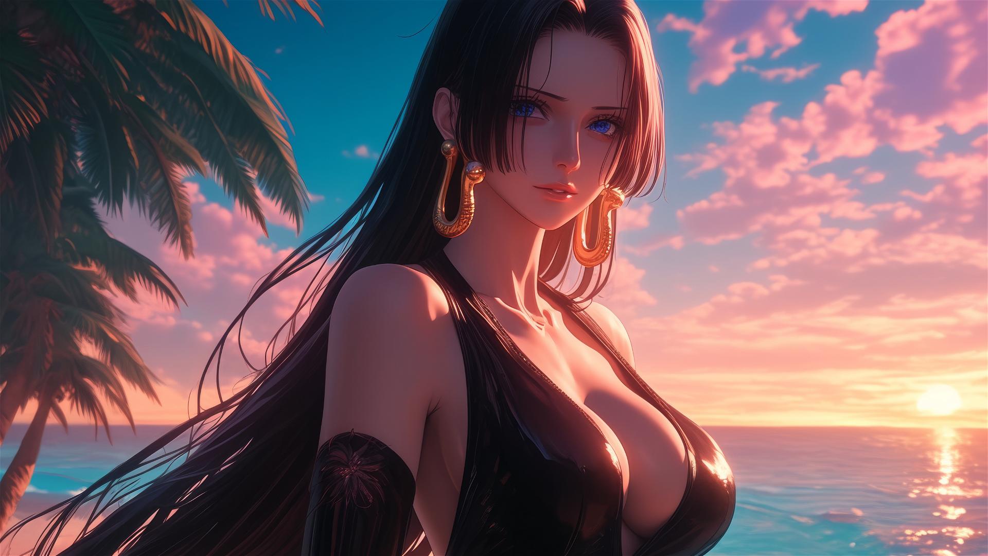 Boa Hancock from One Piece walking on a beach at sunset in a black and pink leather outfit against a neon pink sky.