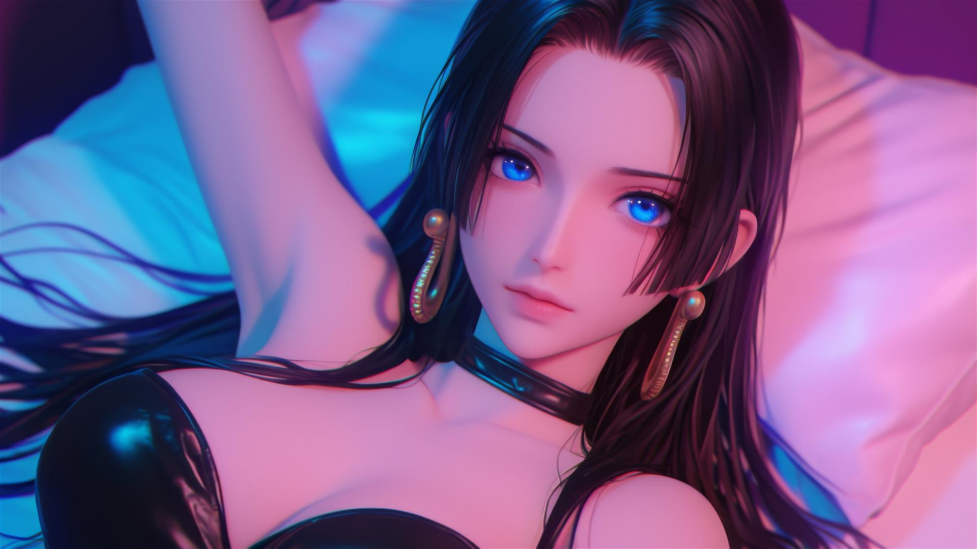 Hyper-realistic anime-style Boa Hancock in leather with neon glow