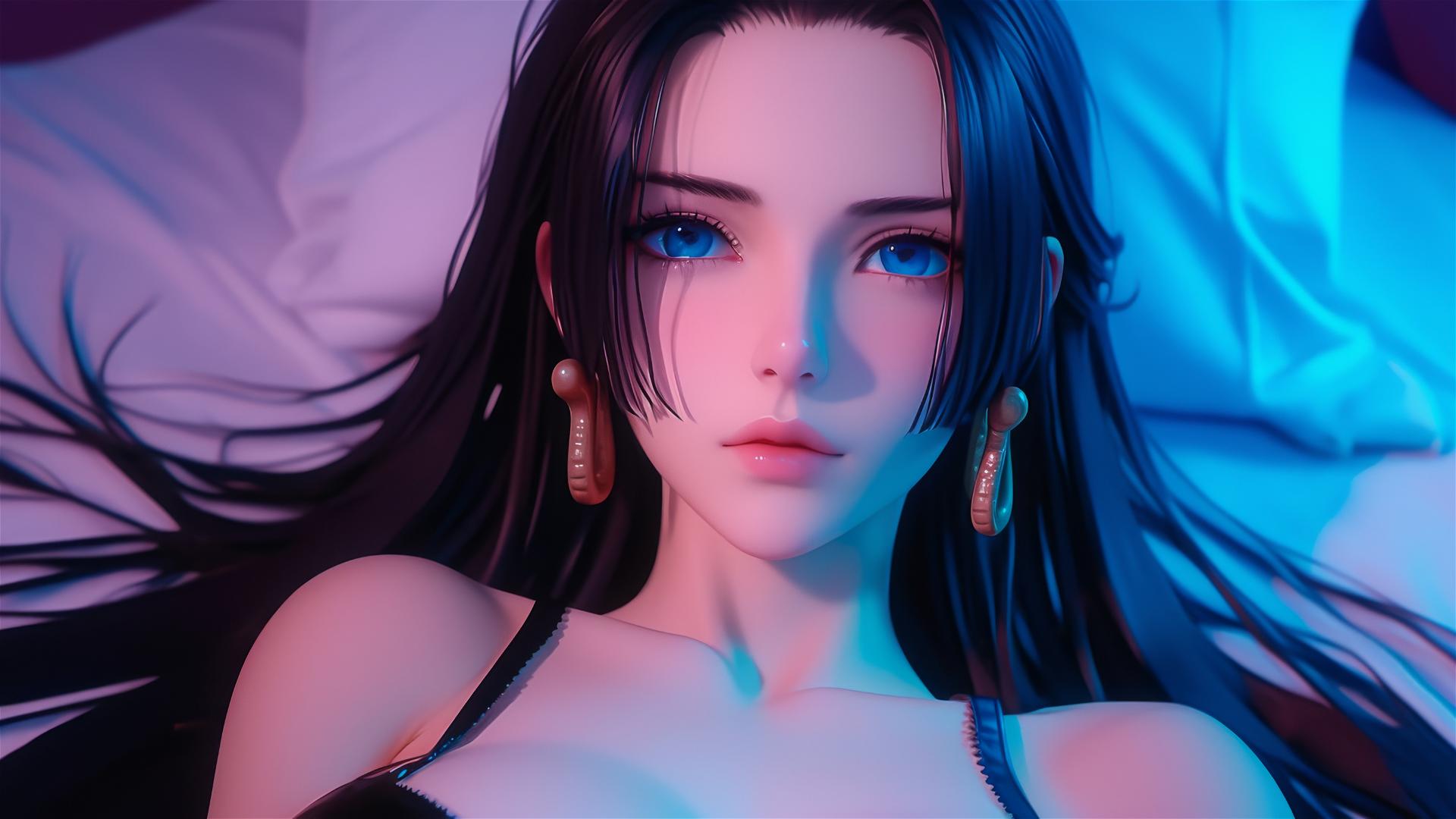 Boa Hancock in bed, pink neon, high contrast, anime style