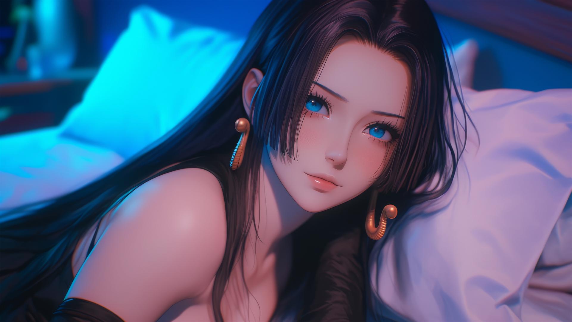 High angle of Boa Hancock from One Piece in bed, in black and pink leather with a neon background.