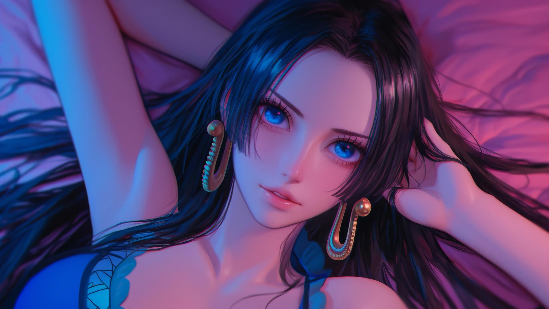 High angle, Boa Hancock from One Piece, neon pink, hyper-realistic anime style