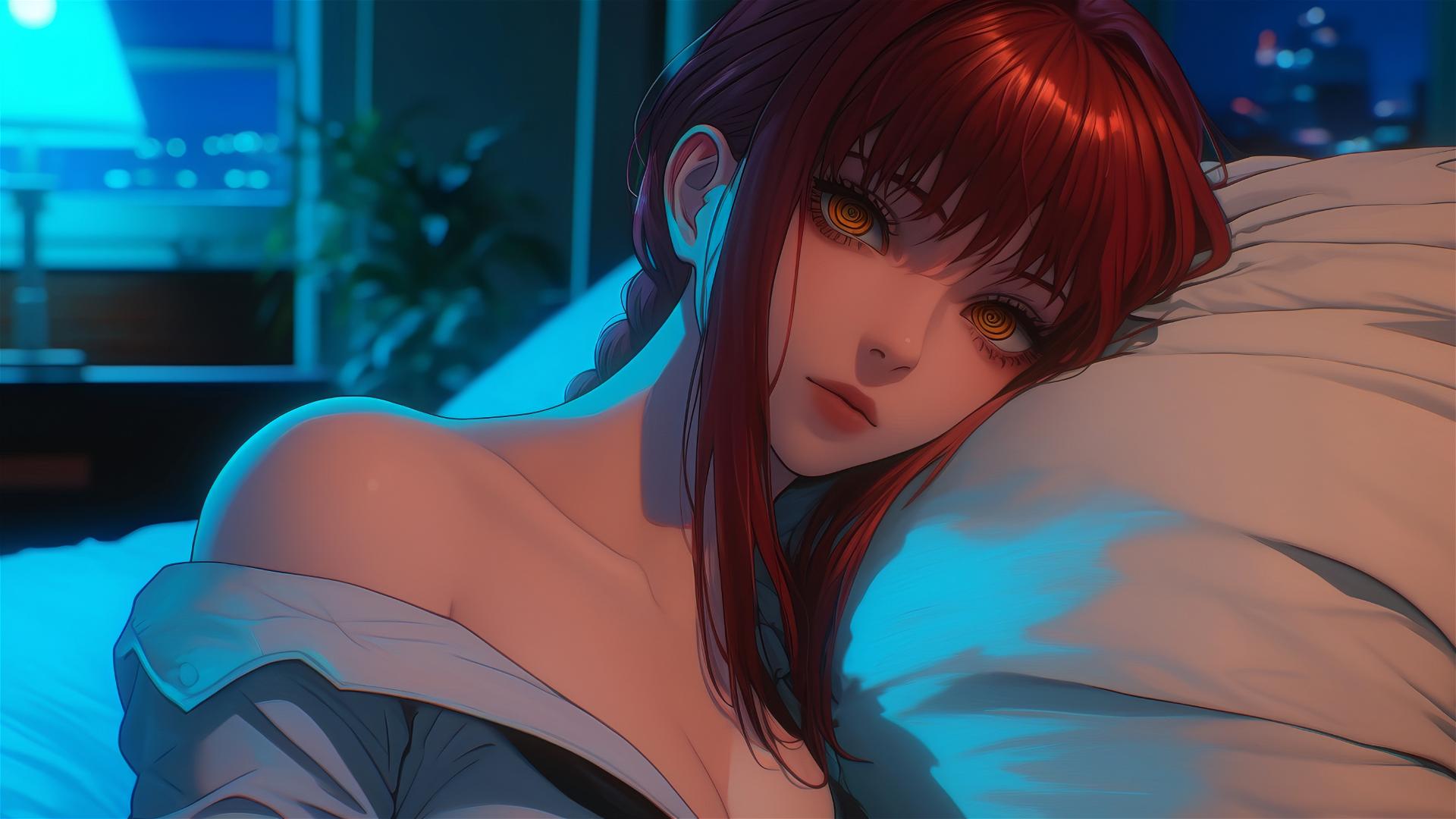 High angle of Makima from Chainsaw Man in bed with reddish hair
