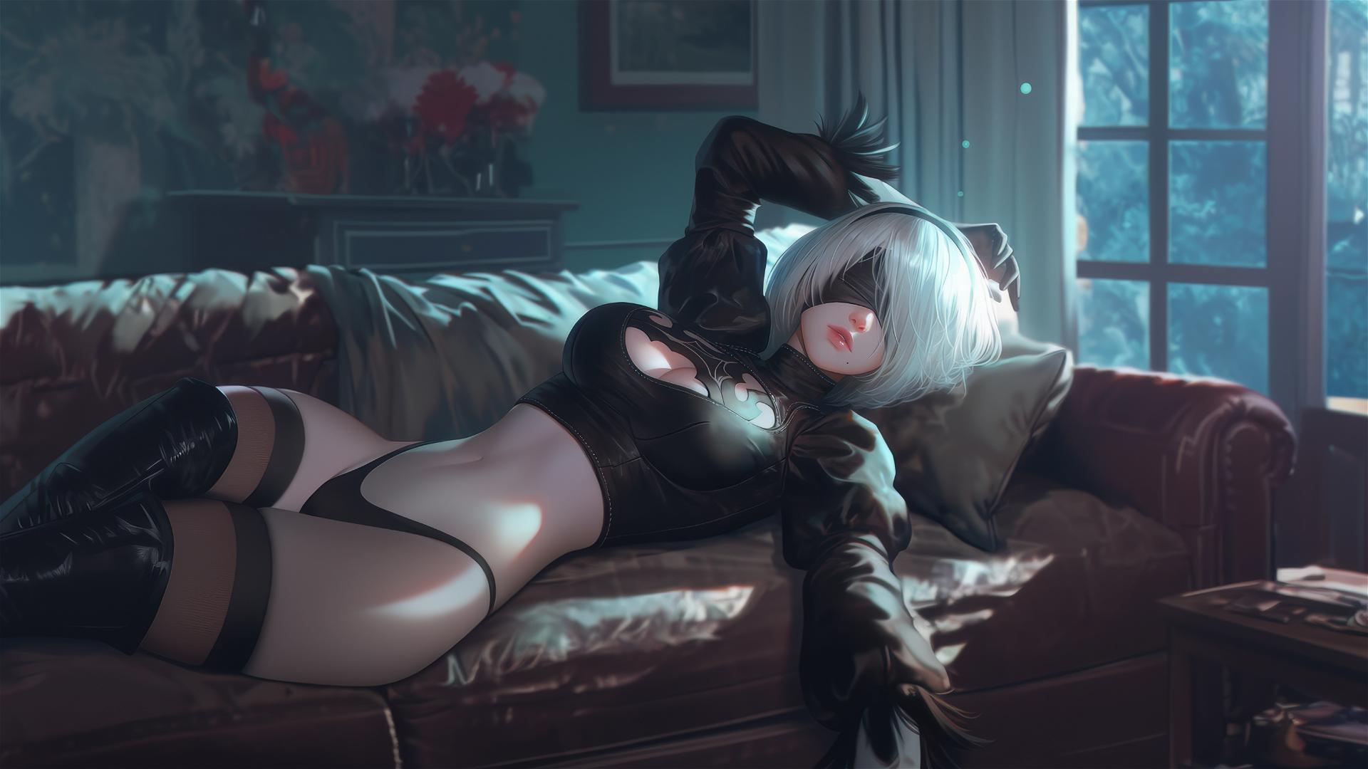 2B from Nier, resting in a modern hotel room with moonlight glow