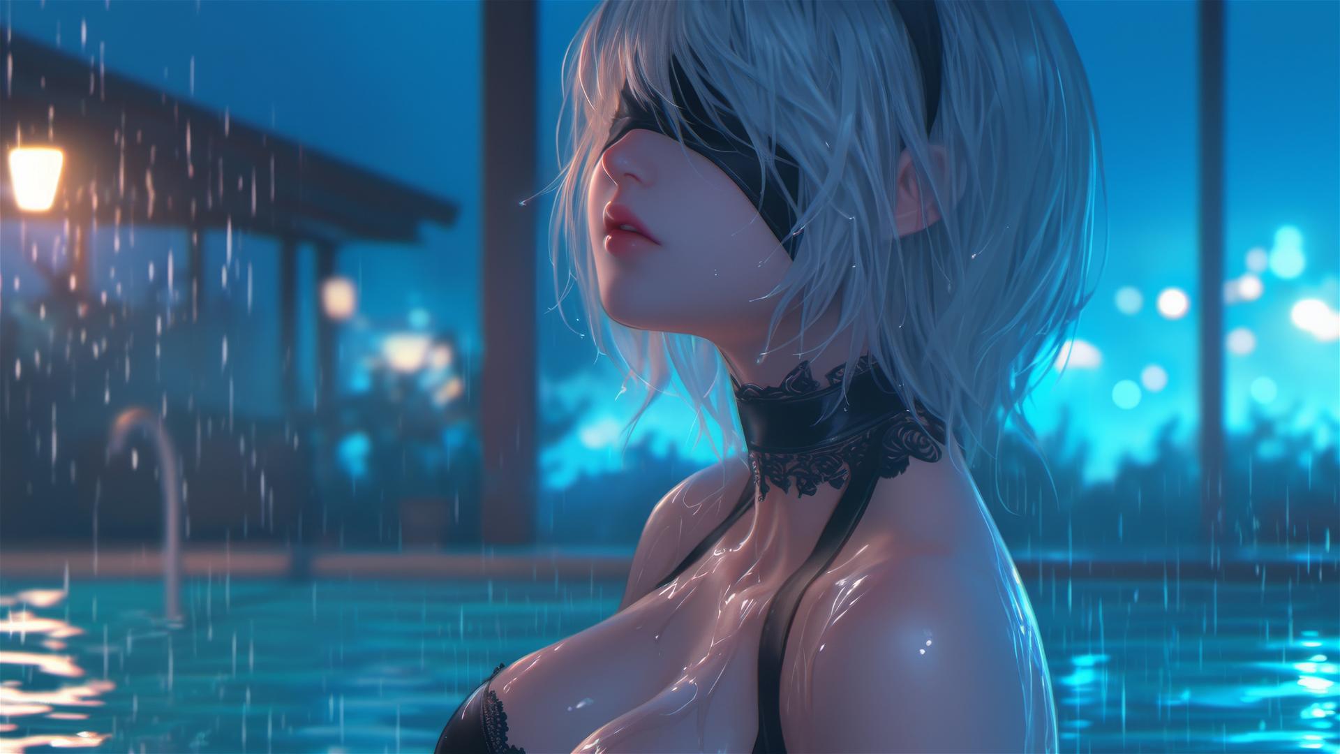 2B from Nier standing by a rainy pool in moonlight.