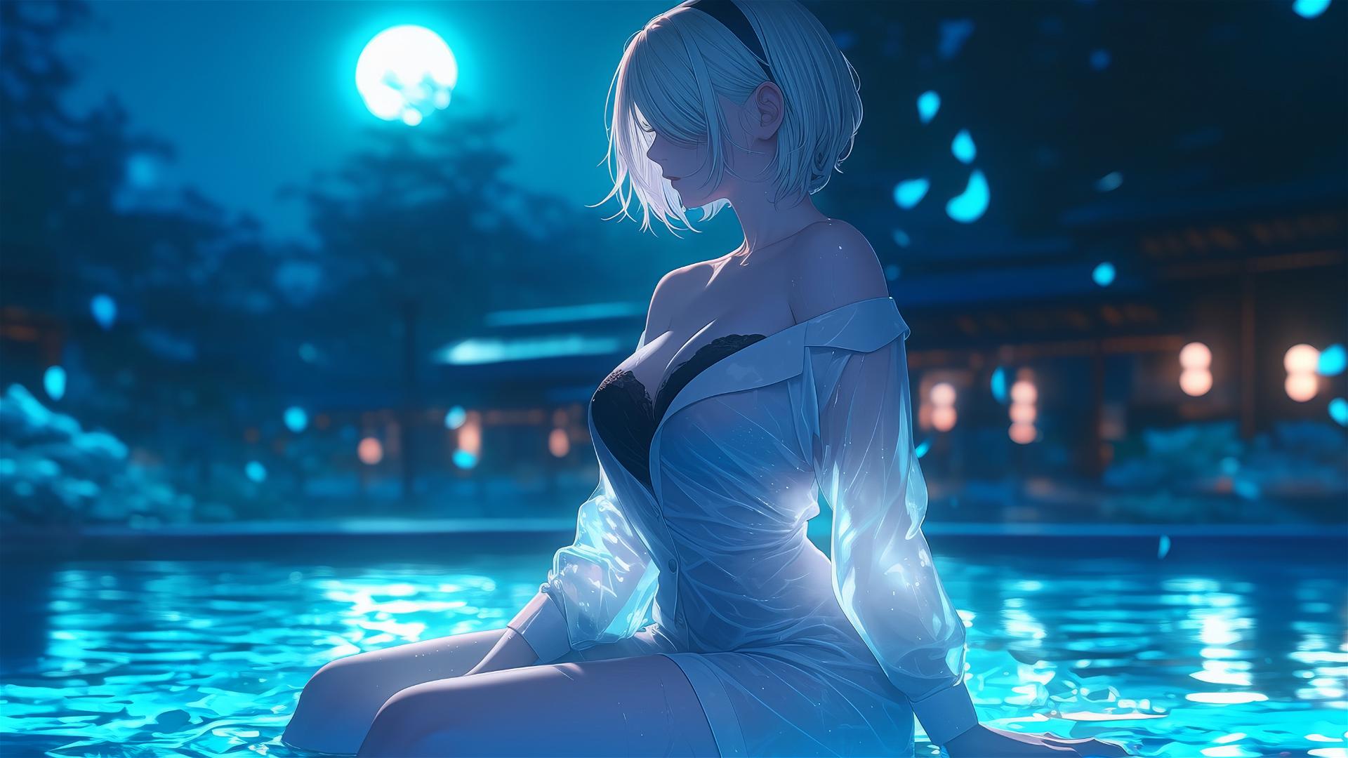 2B from Nier in white pajamas sitting by a rainy pool under moonlight