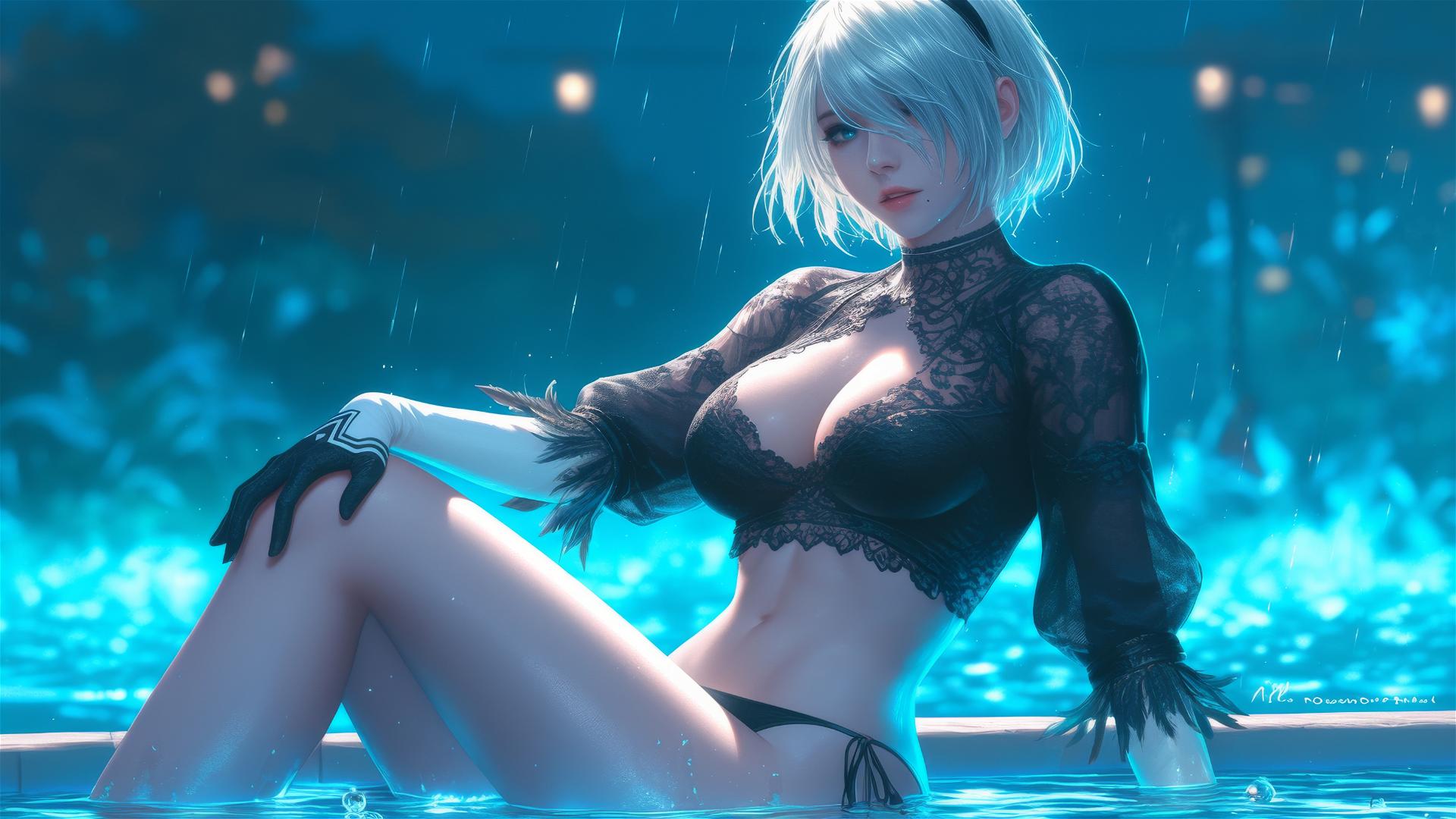 2B from Nier in casual attire sits relaxed by a rainy swimming pool under moonlight.