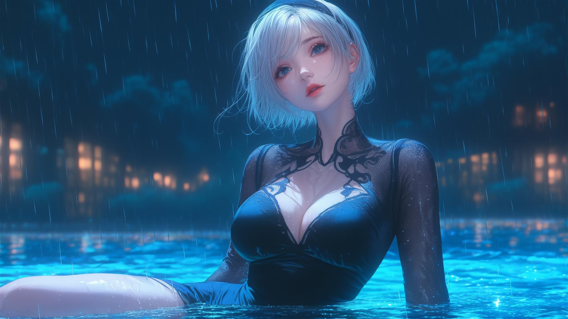 2B from Nier in casual attire sitting by a rainy swimming pool with moonlight glow