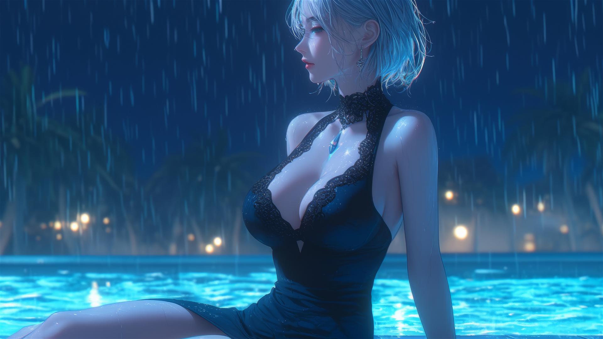 2B from Nier in casual attire, resting by a moonlit rainy pool.