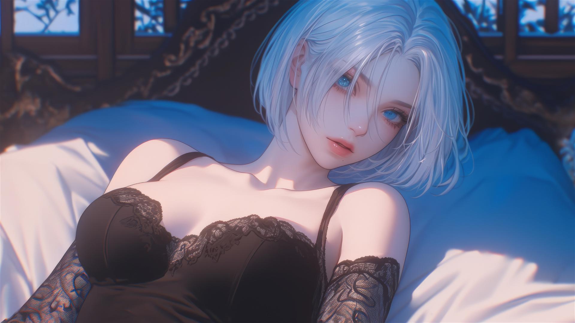 High angle view of 2B from Nier in bed with short hair, relaxed posture.