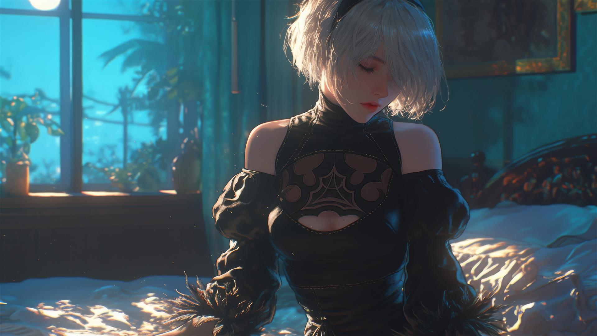 2B from Nier in relaxed pose in modern hotel under moonlight
