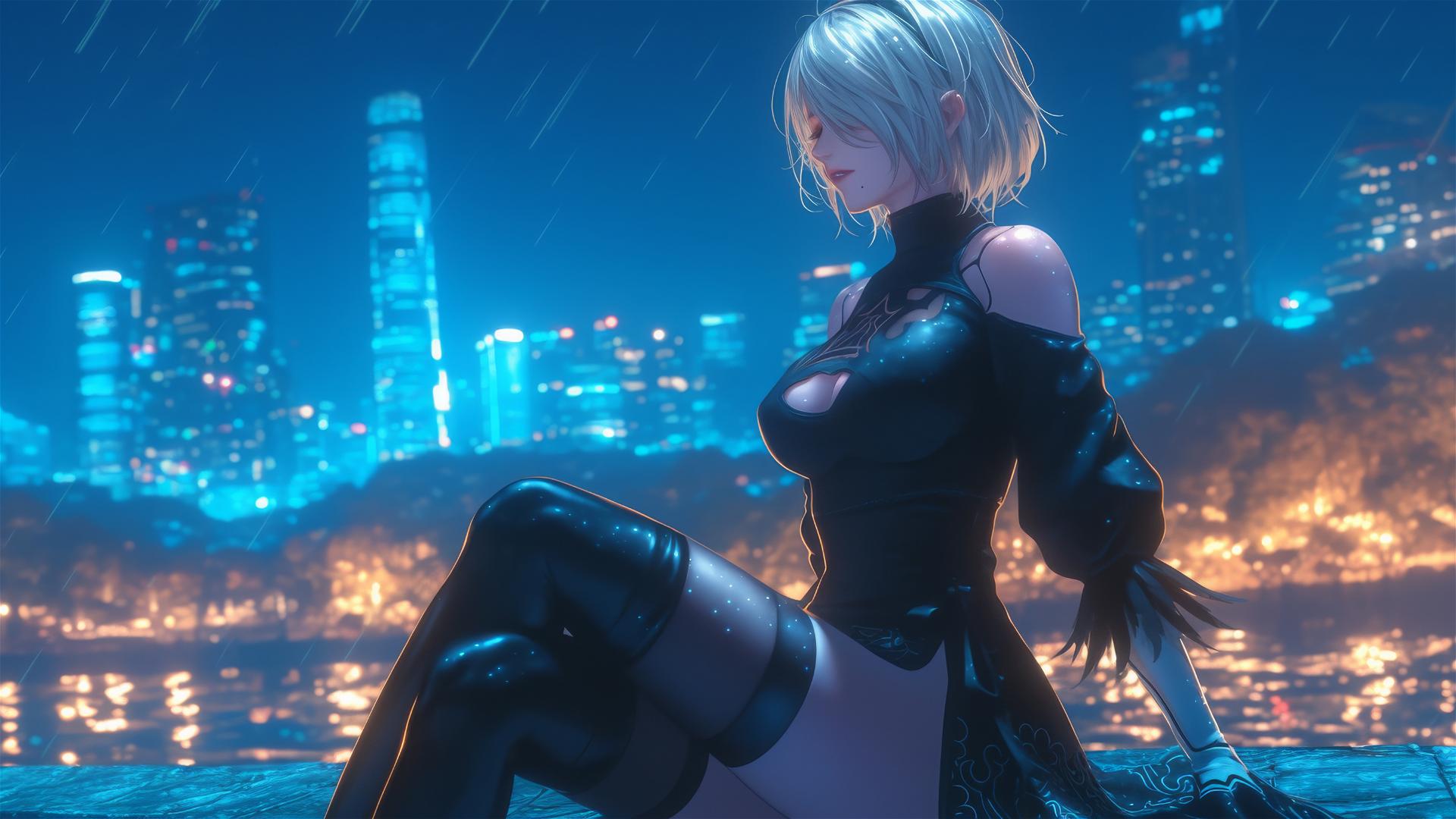 2B from Nier sitting relaxed in a modern hotel room with moonlight glow
